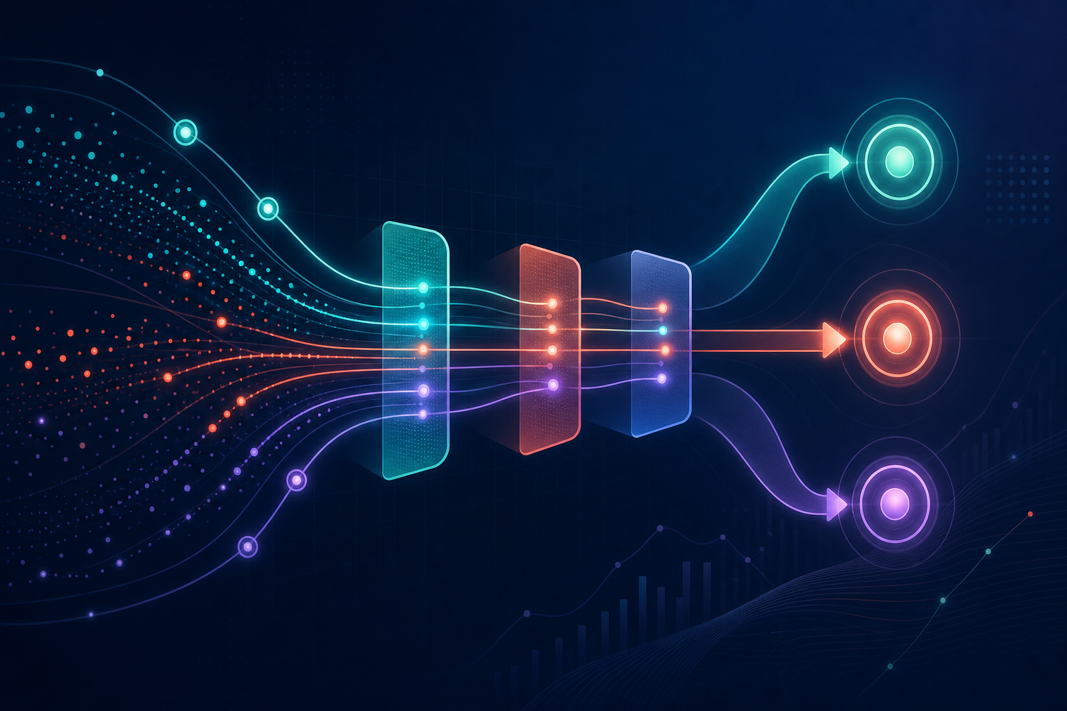A modern dark-background abstract visualization showing converging data streams and glowing connection nodes arranged in a layered pipeline structure, representing a multi-stage recovery system. Teal, coral, and indigo accent colors with smooth gradient fills and subtle grid lines suggesting a financial technology dashboard. Clean geometric shapes and flowing curves. No text, no labels, no numbers, no letters.