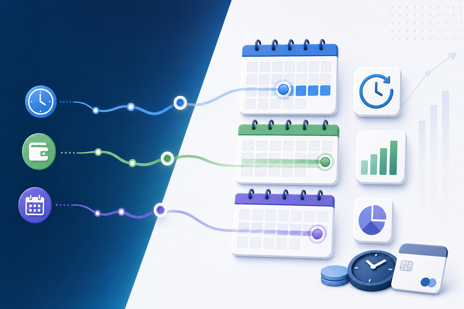A clean, modern conceptual illustration showing timing and scheduling patterns for payment retries. Visualize multiple timelines or calendar windows side by side, each representing different retry intervals (24-48 hours, payday cycles, 3-5 day windows). Use distinct colors for each timeline - blues for short intervals, greens for payday windows, purples for longer waits. Show flowing curves or gradients connecting decision points to optimal retry moments. Professional financial technology aesthetic with geometric shapes suggesting precision and data-driven timing. Minimal style without any text, numbers, or letters.