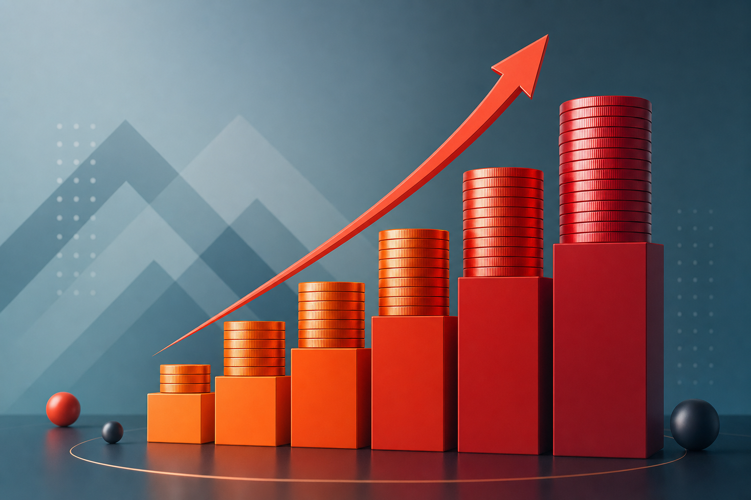A modern financial visualization showing escalating costs represented by stacked coins or ascending bar chart elements in red and orange gradient colors. Clean, minimalist fintech style with geometric shapes suggesting increasing fees or penalties. Professional business illustration with depth and dimension, no text or numbers visible.
