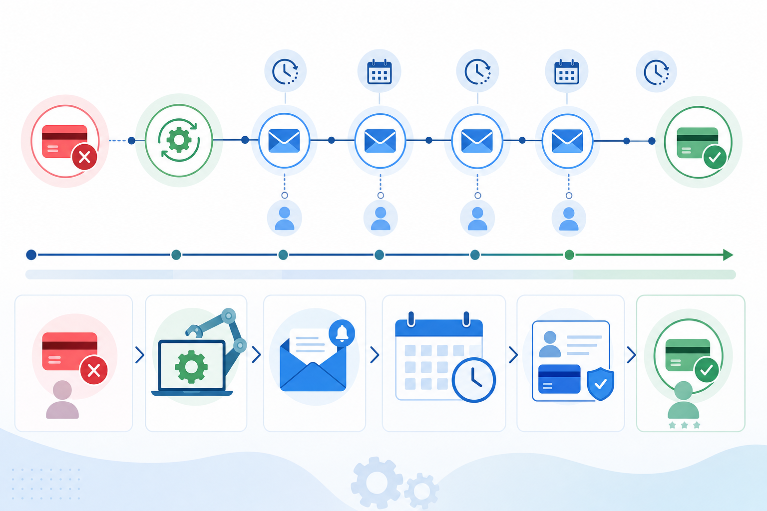 A clean, modern illustration showing an automated email recovery workflow for subscription billing. Depict a timeline or flowchart with automated email sequences, retry scheduling icons, calendar symbols, and payment update prompts. Show the progression from failed payment to automated recovery attempts over a 7-21 day period. Use professional colors with blues and greens, minimalist business style, abstract representation of automation and systematic process, no text or letters.