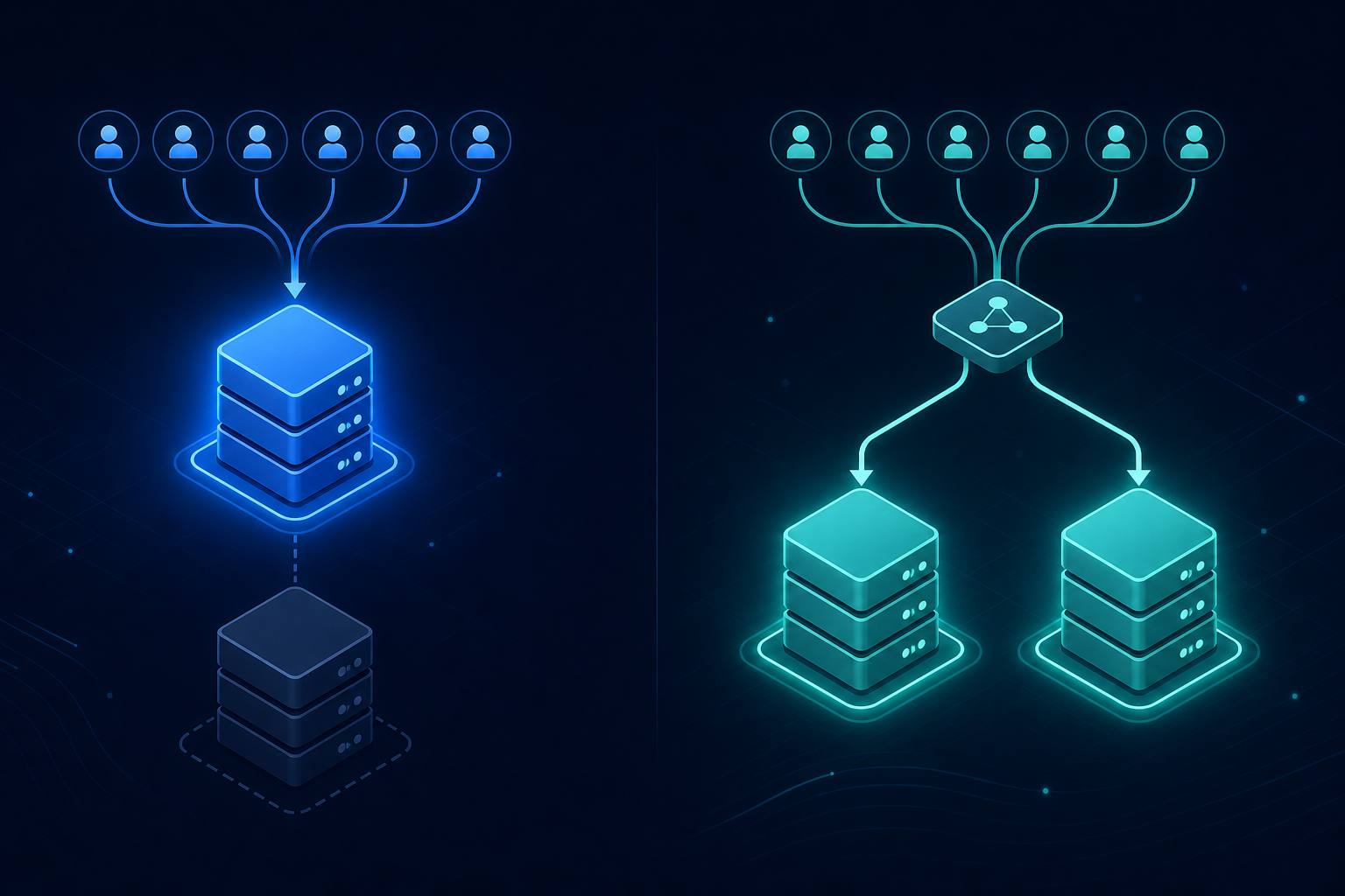 A clean technical diagram showing two payment gateway architecture patterns side by side. On the left, an active-passive setup: one large primary server node with all traffic arrows flowing into it, and a secondary server node sitting idle with a dashed standby connection. On the right, an active-active setup: two equally sized server nodes both receiving live traffic arrows simultaneously, with a load-balancing node above distributing the flow evenly. Use a modern flat design style with a dark navy blue background, electric blue and teal accent colors for the nodes and arrows, and subtle glowing effects on the active nodes. No text, no labels, no letters anywhere in the image.