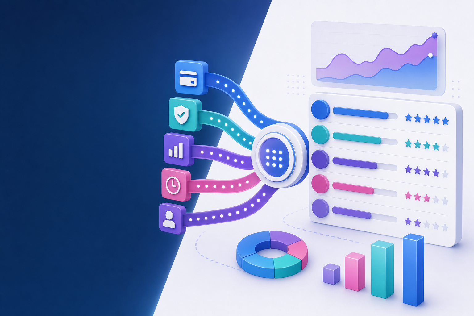 A clean, modern dashboard or evaluation matrix showing payment recovery metrics being analyzed and compared. Multiple colored data streams or scoring indicators flowing into a central ranking system. Professional fintech aesthetic with blue and purple gradients, abstract geometric shapes representing different evaluation criteria converging into a structured comparison framework. No text or letters.