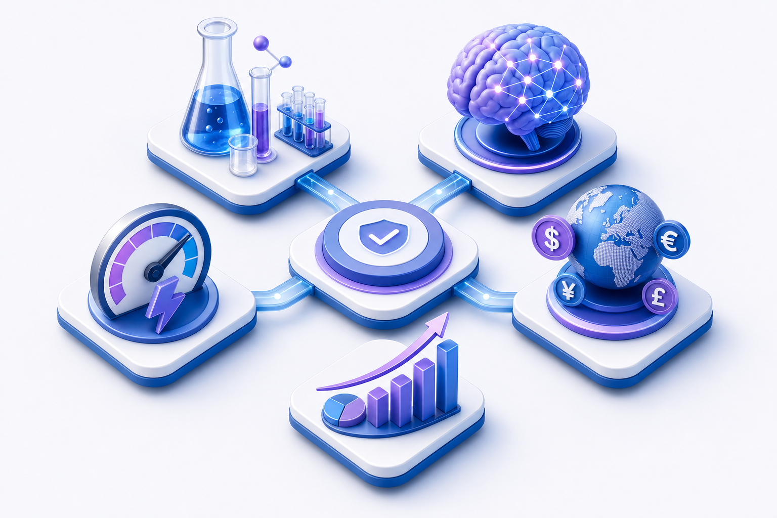 A clean, modern 3D illustration showing a payment recovery tool evaluation framework. Display five interconnected floating elements representing evaluation criteria: a scientific beaker or lab equipment for proof of ROI and testing, a brain or neural network for AI retry intelligence, a lightning bolt or speedometer for integration speed, a globe with currency symbols for billing complexity support, and a growth chart or revenue graph for pricing alignment. Use a professional color palette with blues, purples, and whites. Isometric perspective, minimal background, tech-focused aesthetic with smooth gradients and soft shadows.