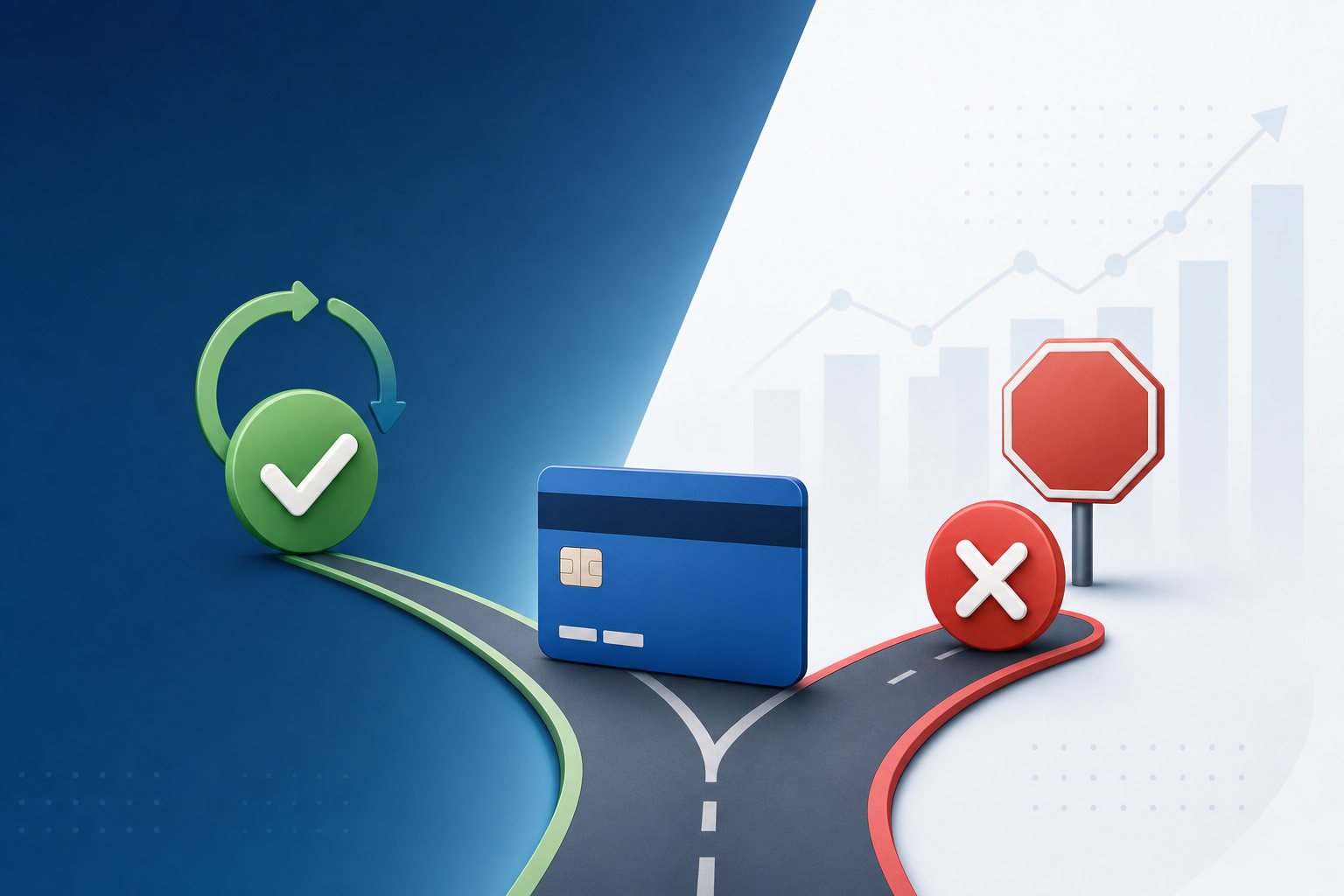 A clean, professional illustration showing a payment card at a decision point or fork in a road, with one path leading to a green checkmark or recovery symbol (representing soft declines that can be retried) and another path leading to a red X or stop sign (representing hard declines that cannot be recovered). Modern, minimalist design with a business/fintech aesthetic, using blue and gray tones with green and red accent colors. No text or letters.