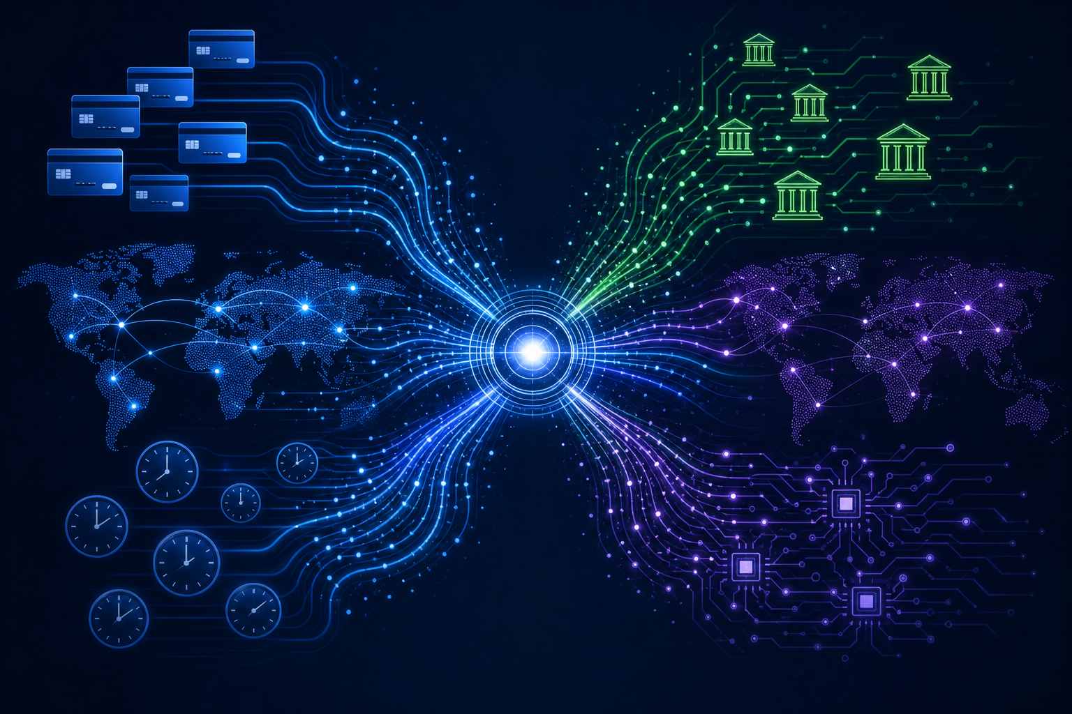 A top-down abstract data visualization showing dozens of glowing variables converging into a single central decision node, rendered on a dark navy background. Streams of data representing card types, geographic map outlines, clock faces, and circuit-like bank symbols flow inward along luminous lines toward a bright central hub. The visual conveys precision analytics and multi-factor intelligence. No text, no letters, no numbers, no labels.
