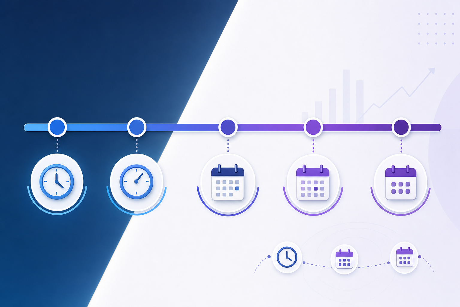 A clean timeline visualization showing different waiting periods from 24 hours to 90 days. Show a horizontal timeline with distinct segments marked at 24 hours, 2-3 days, 7 days (billing cycle), 30 days, and 60-90 days. Use color gradients from blue to purple to distinguish the time intervals. Include clock icons and calendar icons to represent short vs long waiting periods. Modern, professional style with clear visual hierarchy. No text, words, numbers, or letters in the image.