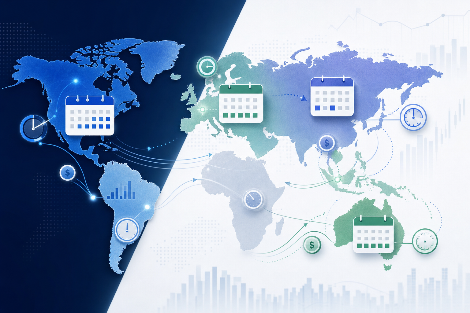 A clean, modern world map visualization showing payment timing patterns across different regions. Visual representation of calendar cycles and money flow across continents: North America with emphasis on mid-month timing, Europe with end-of-month patterns, Russia with bi-monthly cycles, and Australia with weekly rhythms. Use a professional fintech color palette with blues, greens, and subtle gradients. Show abstract symbols like calendar grids, currency flow arrows, and clock elements overlaid on geographic regions. Minimalist, data-driven aesthetic suitable for a financial audience focused on global payment operations. No text, words, or letters.