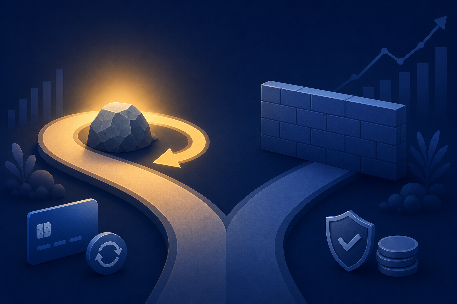 A clean split-path diagram showing two diverging roads at a fork, one path lit with soft warm light representing a temporary obstacle with a curved detour arrow looping back, the other path blocked by a solid wall representing a permanent hard stop, set against a dark navy background with subtle financial or payment card iconography in the foreground, modern flat illustration style, no text or letters
