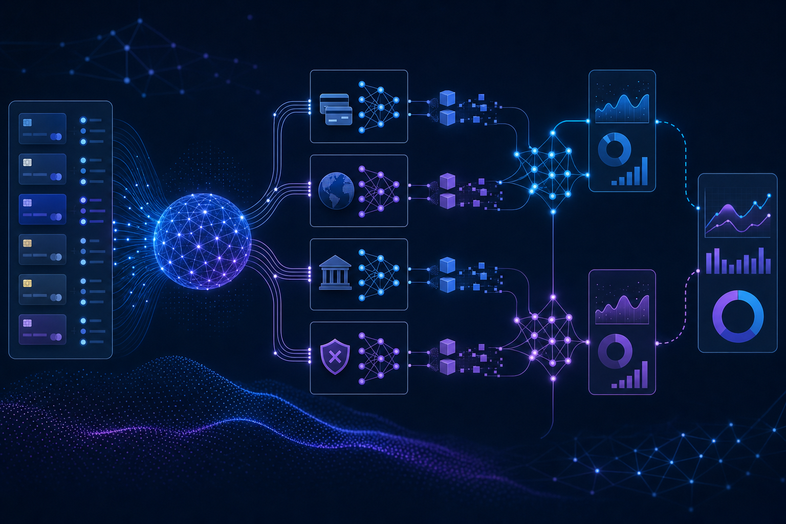 A sophisticated technical illustration showing an AI-powered payment retry system with multiple parallel analysis streams. Visualize data flowing through interconnected neural network nodes that analyze different factors: card types, geographic regions, issuer patterns, and decline codes. Include visual elements representing A/B split testing with two parallel data streams being measured and compared. Use a clean, modern tech aesthetic with blue and purple gradients, geometric patterns, and abstract representations of machine learning models processing payment transaction data. The style should be minimalist and professional, focusing on intelligent automation and statistical analysis without any text or labels.