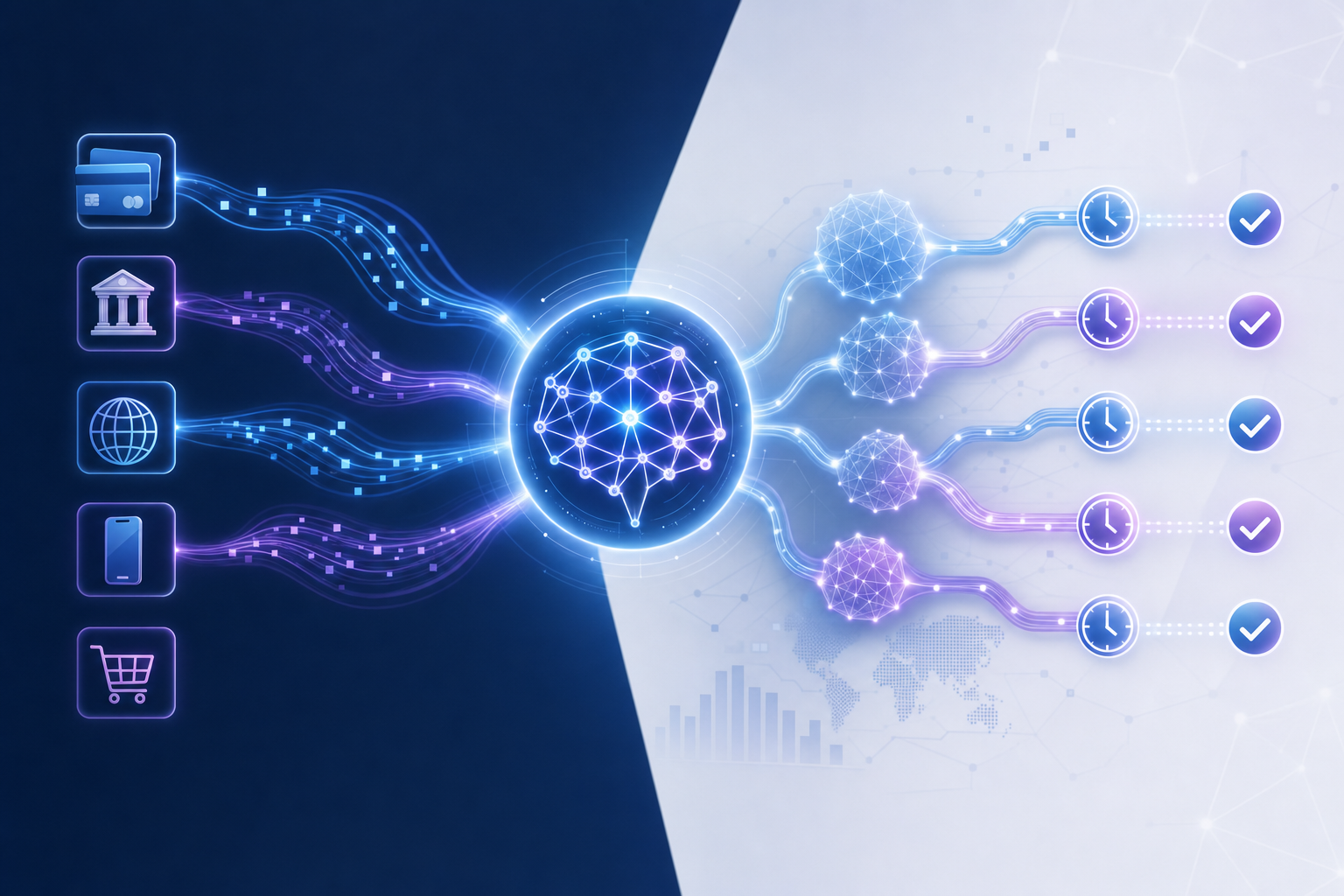 A sophisticated AI-powered payment processing system visualized as an interconnected network of glowing neural pathways analyzing transaction data. Multiple data streams flowing through intelligent nodes representing different variables like card types, issuer networks, and geographic regions. Central AI ensemble processing hub with branching pathways showing optimized retry timing decisions. Clean fintech aesthetic with blue and purple gradients, abstract geometric patterns representing machine learning models working in concert. Professional, modern, technology-focused visualization with no text or letters.
