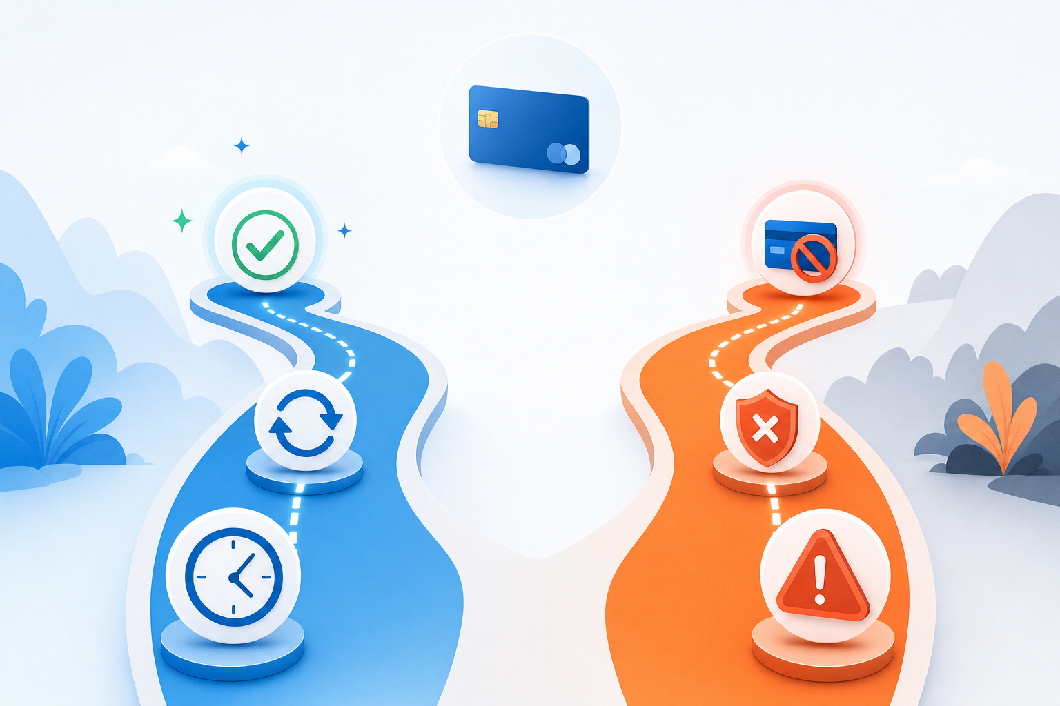 A clean, modern illustration showing two diverging paths representing different types of payment failures. One path shows temporary, recoverable issues (soft declines) with symbols like a clock, refresh arrows, and a checkmark indicating success. The other path shows permanent failures (hard declines) with symbols like a stopped card, security shield, and warning icons. Use a professional color scheme with blues and oranges, minimalist style, no text or letters.