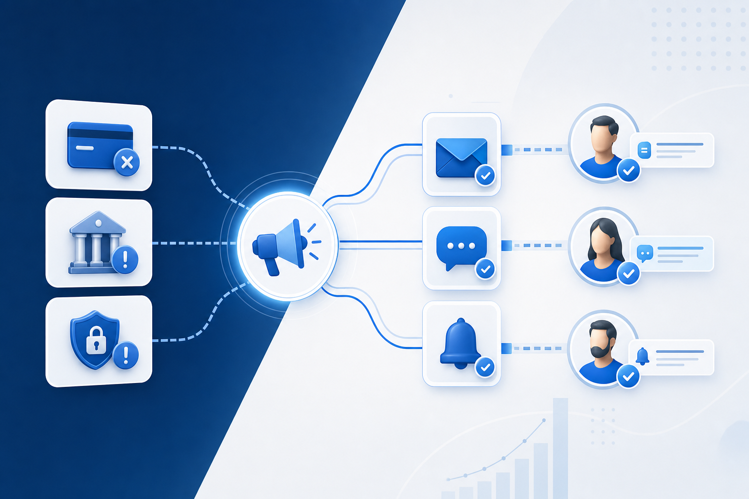 A clean, modern business illustration showing a multi-channel dunning communication system. Visualize multiple communication channels (email, SMS, in-app notifications) flowing from a central hub toward subscribers. Show different pathways representing personalized messaging based on different failure reasons - expired cards, insufficient funds, fraud flags. Use a professional blue and white color scheme with subtle gradient effects. Include visual elements like notification icons, message bubbles, and connection lines showing the flow of targeted communications. Abstract, sophisticated, data-driven aesthetic suitable for a SaaS finance audience. No text, words, or letters.