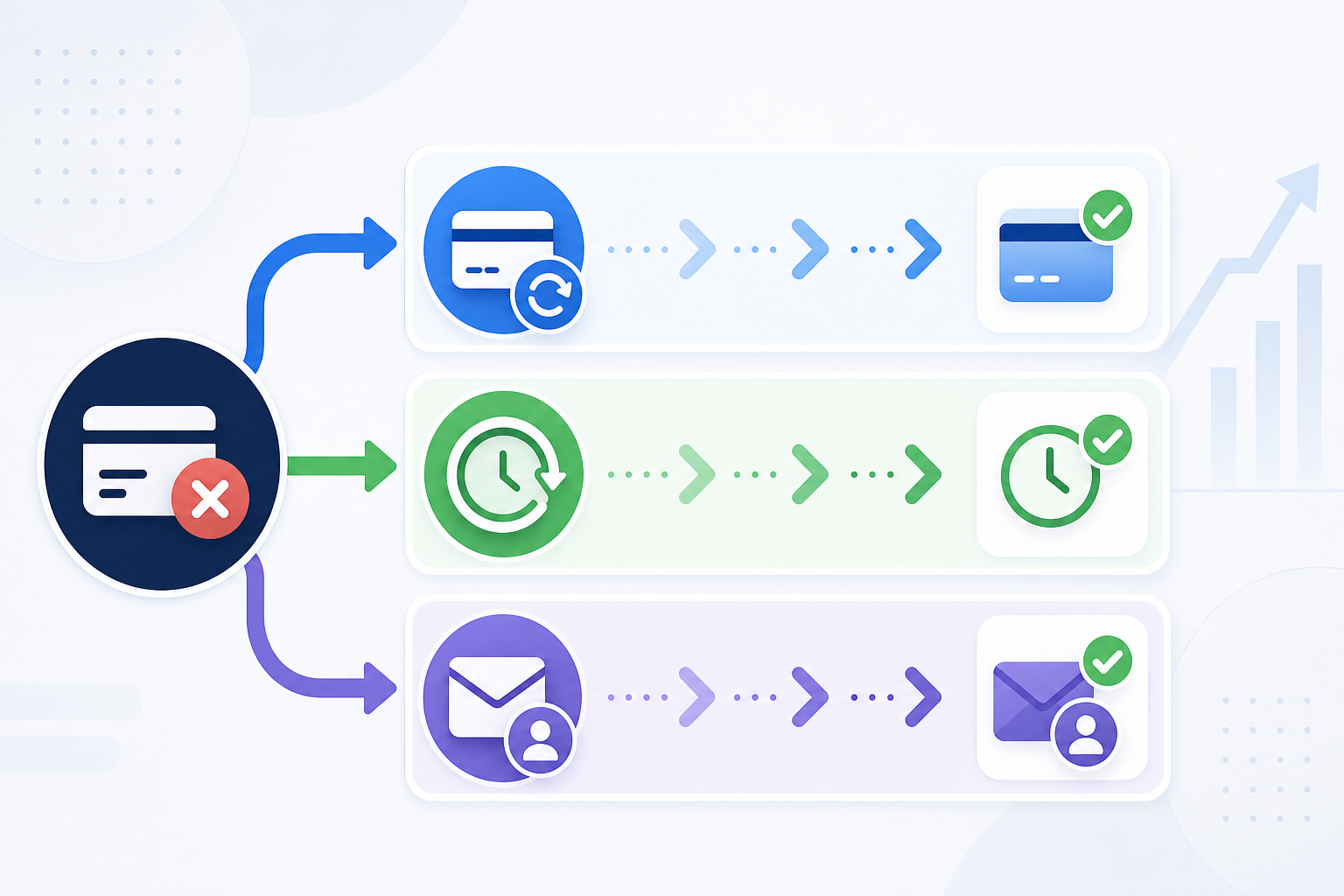 A clean flat design illustration showing a three-lane payment recovery flow diagram. Three parallel horizontal lanes labeled with icons only: the first lane shows a credit card with a refresh arrow symbol representing credential updates, the second lane shows a clock with a circular retry arrow representing timed retry scheduling, and the third lane shows an envelope with a person silhouette representing customer outreach. Arrows between the lanes show decision routing based on failure type. The style uses soft blues, greens, and purples with a light neutral background. No text, no words, no letters, no labels anywhere in the image.