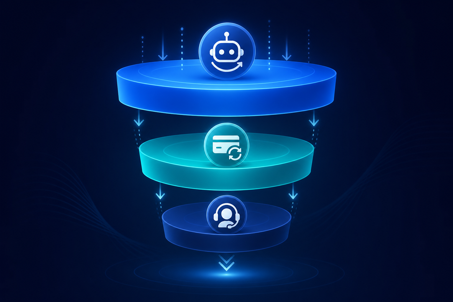 A clean modern flat illustration showing three stacked horizontal layers or pillars forming a recovery funnel, the top layer glowing blue representing automated smart retries, the middle layer in teal representing account updater services, and the bottom layer in navy representing dunning outreach, each layer slightly narrower than the one above it suggesting a filtering funnel, with subtle arrow flows downward between layers, minimal geometric style, dark background with blue and teal accent tones, no text or labels