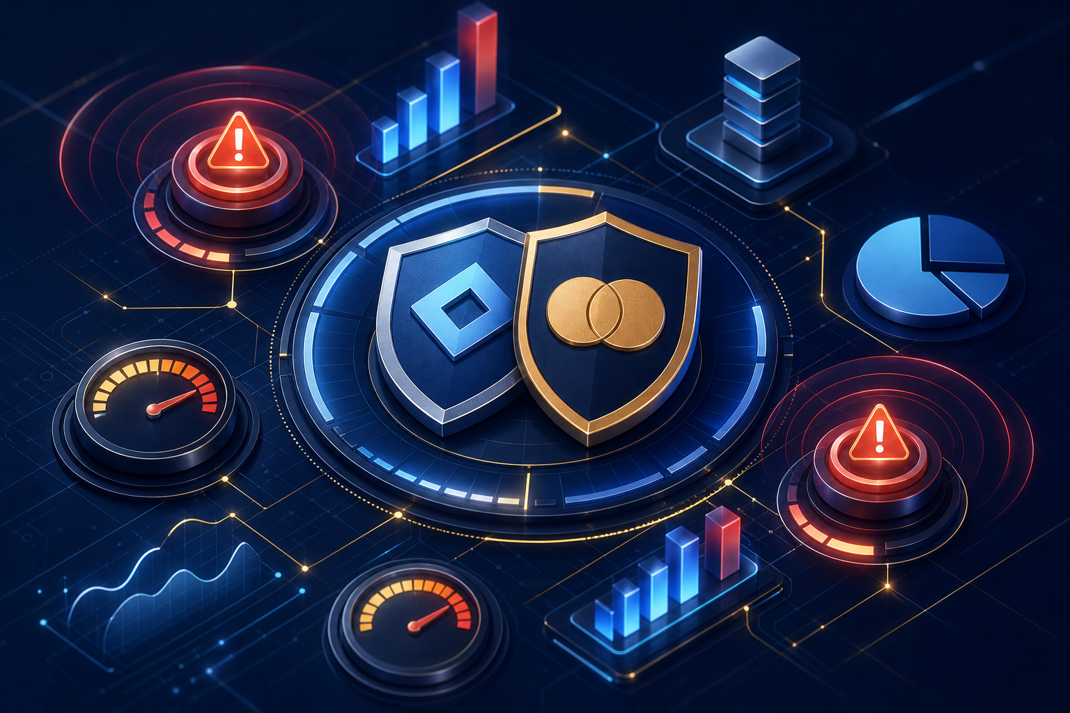 A dramatic overhead view of a credit card network compliance dashboard visualization. Two large shields with distinct emblems representing card network authorities, surrounded by glowing threshold indicators and penalty meters. Abstract circular warning rings pulse outward when limits are crossed. Clean geometric data visualization showing retry attempt counters approaching limits, with red warning zones highlighted. Dark navy background with sharp white and gold accent lines. Corporate financial compliance aesthetic, three-dimensional depth, no text or labels anywhere.