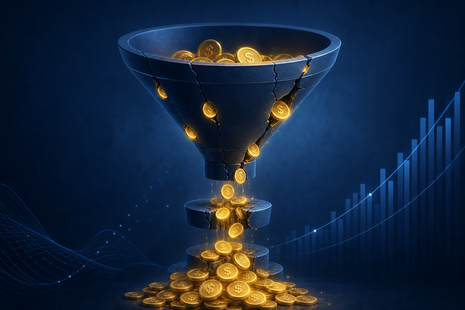 A conceptual illustration of revenue leakage and compounding financial loss in a subscription business. A dark funnel or pipeline with glowing monetary coins and dollar symbols slowly draining out through cracks and gaps, set against a deep navy blue background. The coins cascade downward in a compounding pattern, suggesting exponential growth of loss over time. Abstract, modern, financial data visualization aesthetic with subtle blue and gold tones. No text, no words, no letters, no numbers.