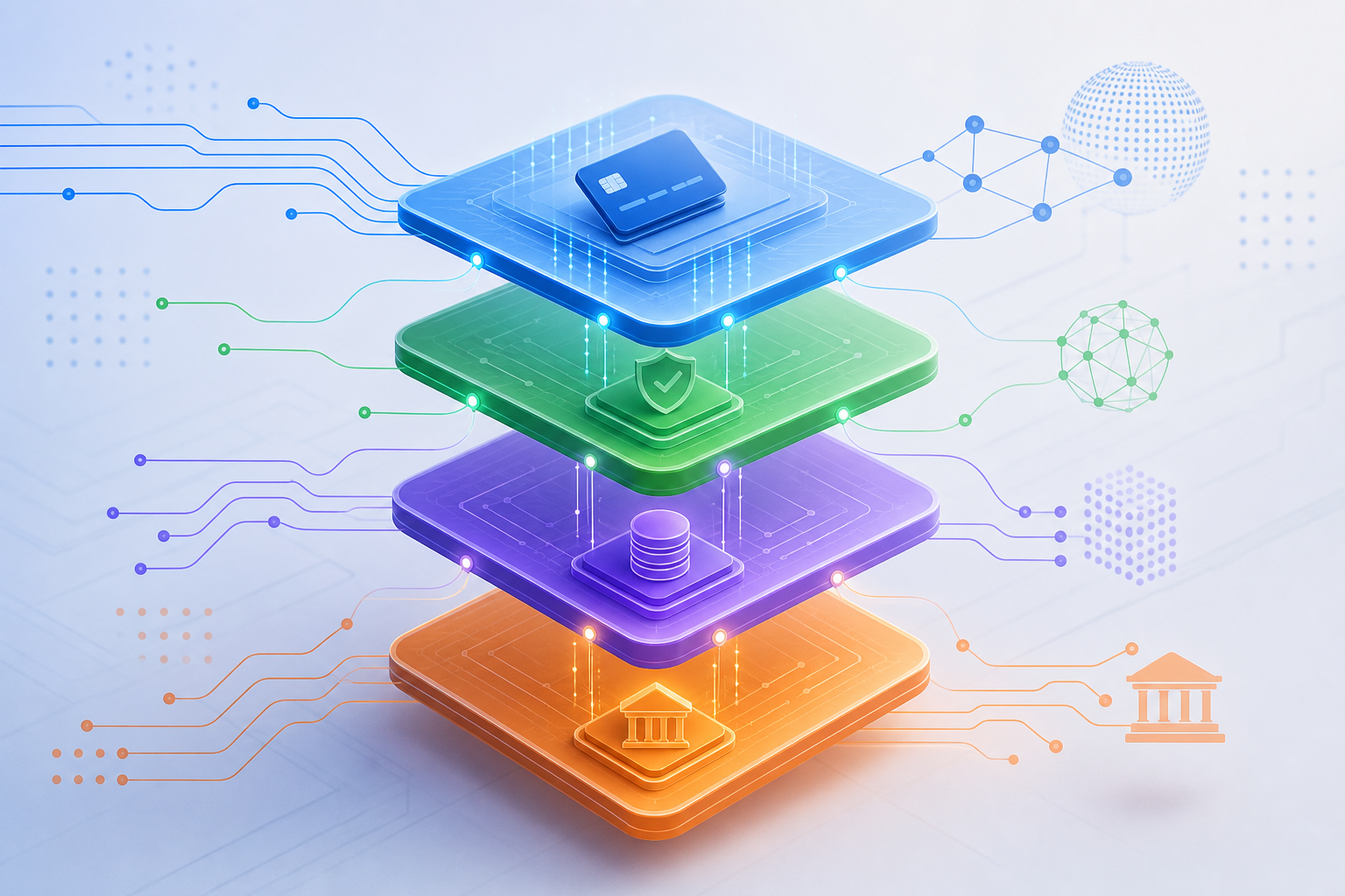 A clean, modern conceptual illustration showing four distinct horizontal layers stacked like tiers in a system architecture diagram. Each layer glows with a different subtle color — blue, green, purple, and orange. The layers are interconnected with smooth flowing lines and small circular nodes, representing data flowing through a payment processing pipeline. Abstract financial and technology motifs like circuit traces, network nodes, and subtle card shapes are visible. The overall aesthetic is polished, minimal, and technical. No text, no words, no letters, no numbers anywhere in the image.