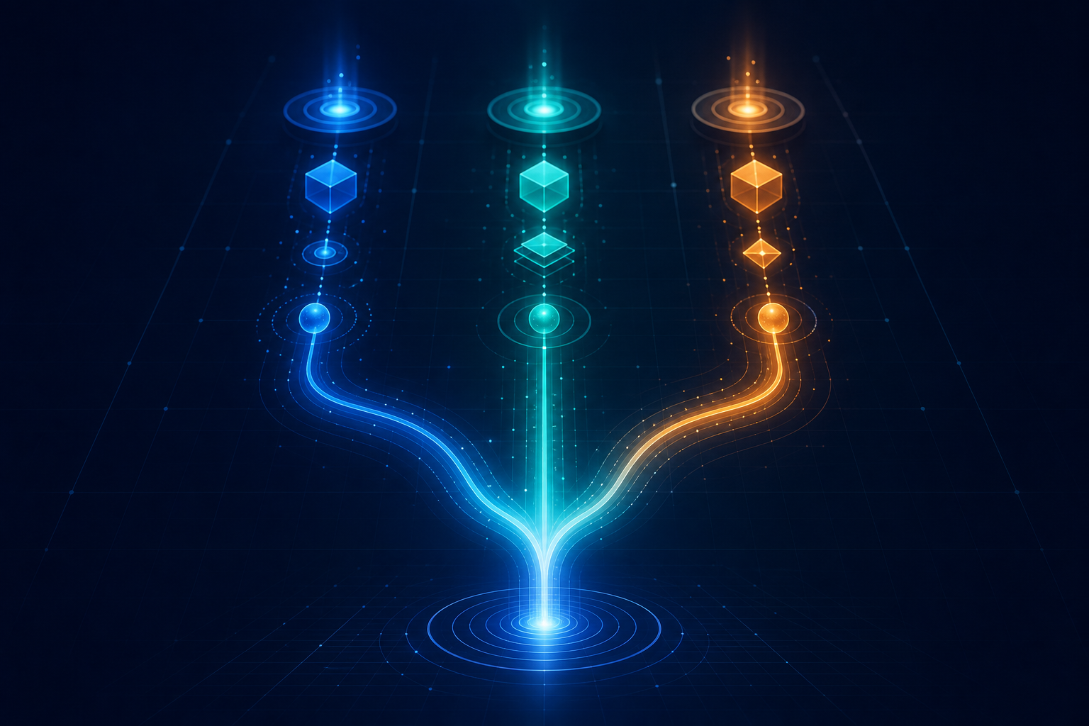 A clean corporate data visualization illustration showing three parallel vertical channels or pathways flowing downward, each representing a different mechanism working simultaneously. The channels glow in distinct colors — deep blue, teal, and amber — converging into a single larger stream at the bottom, symbolizing combined recovery output. Abstract geometric nodes and pulse animations along each channel suggest intelligent decision-making and timing precision. Dark navy background with subtle grid lines, modern fintech dashboard aesthetic. No text, no numbers, no letters, no labels.