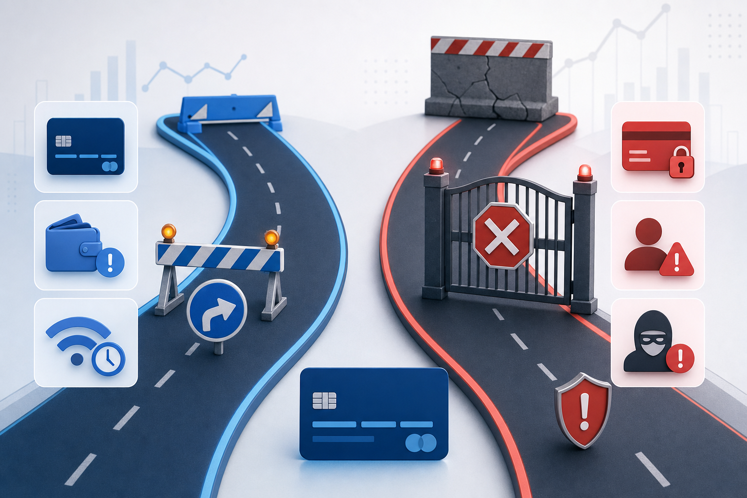 A clean, modern diagram showing two distinct payment failure paths diverging like a fork in the road. On one path, show temporary obstacles like a road barrier with a detour sign representing soft declines (insufficient funds, network timeout). On the other path, show permanent roadblocks like a closed gate or stop sign representing hard declines (stolen card, closed account, fraud flag). Use subtle iconography like credit cards, warning symbols, and directional arrows. Professional fintech aesthetic with blue and red color coding to distinguish the two types. No text, words, or letters.