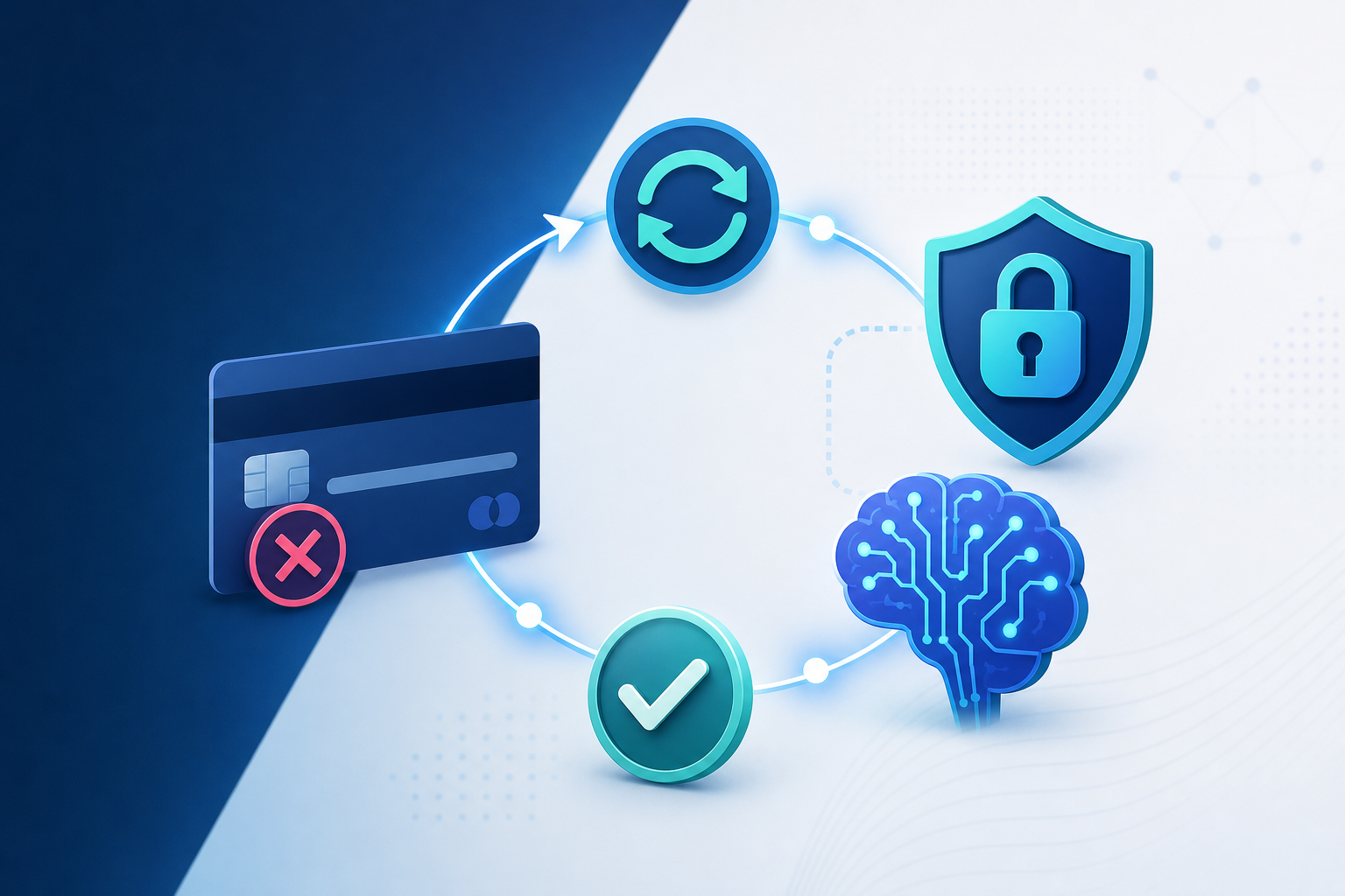 A clean, modern flat-style illustration showing a subscription payment recovery system: a credit card with a declined symbol transforming through a circular retry cycle with glowing nodes, connected to a shield representing account protection, an AI brain circuit, and a checkmark for successful recovery — abstract technology concept with blue and teal color palette, no text or labels
