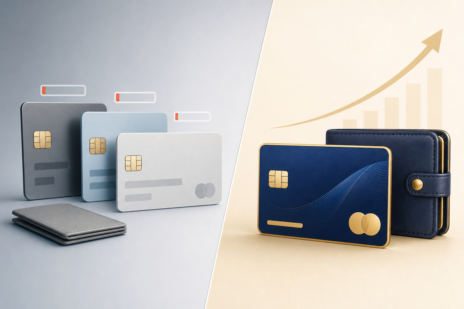 A conceptual flat-design illustration showing a split comparison between two groups of payment cards. On the left side, a stack of plain prepaid and debit cards in muted colors like gray and light blue, shown nearly empty or depleted, with a small thin wallet. On the right side, a single premium credit card in deep blue or gold, representing a fuller financial buffer. The background is clean and minimal with a subtle divide between the two sides. No text, no labels, no letters anywhere in the image.