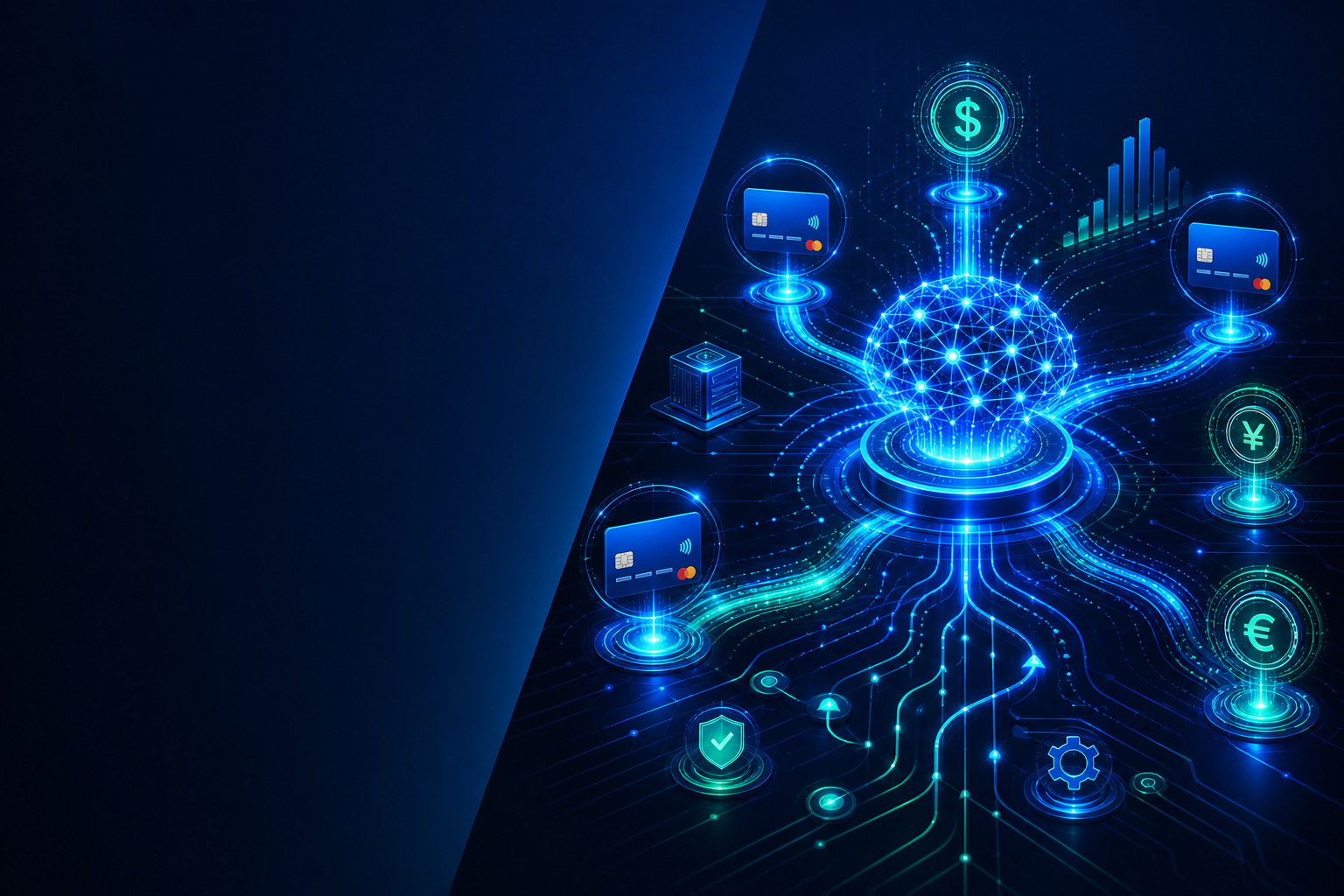 A sophisticated abstract visualization of an artificial intelligence payment recovery engine: glowing neural network nodes interconnected with flowing data streams, digital payment cards and currency symbols orbiting a central AI core, deep blue and electric teal color palette, futuristic fintech aesthetic, dark background with luminous circuit-like pathways branching outward, representing intelligent routing and optimization of financial transactions