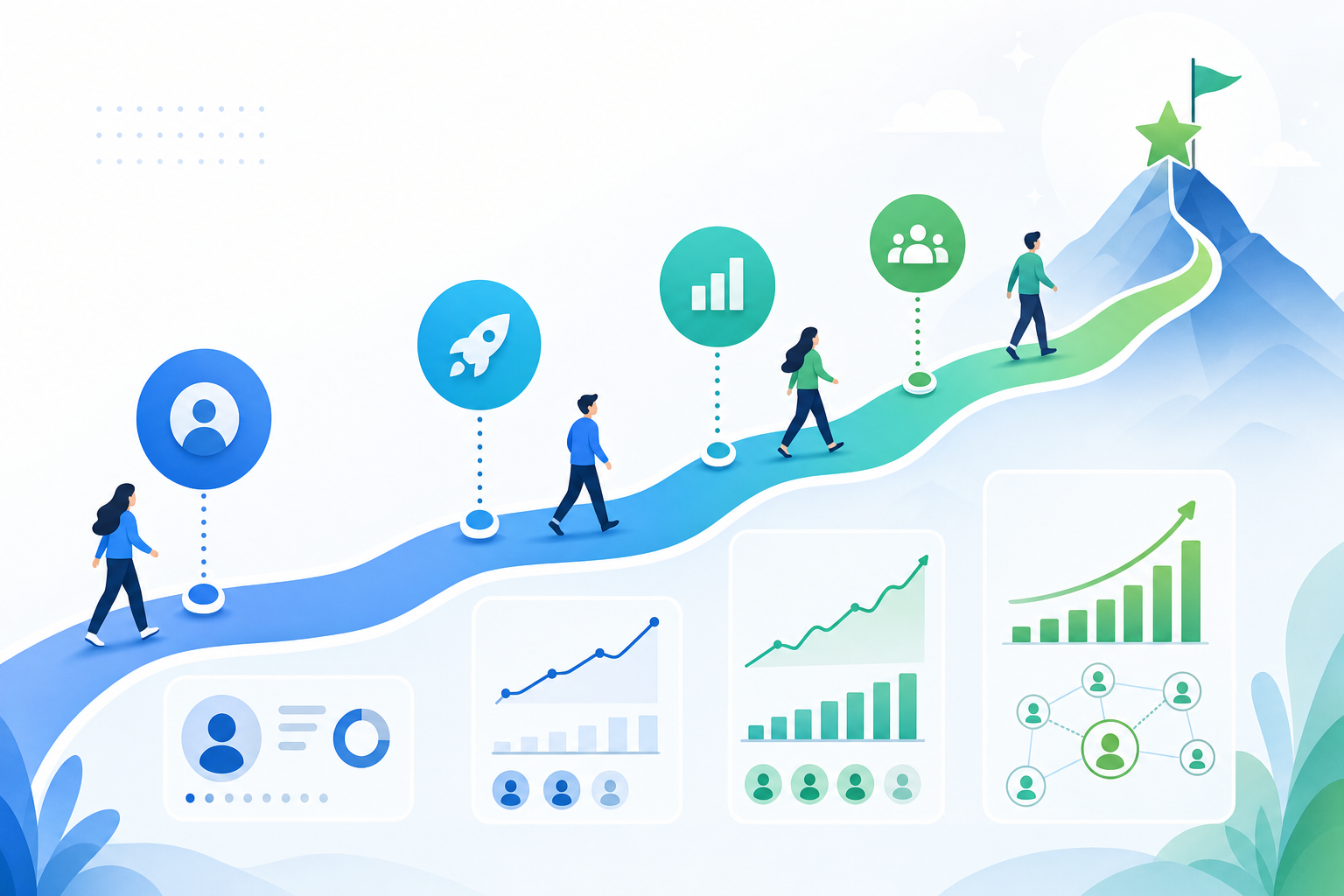 A modern, clean business illustration showing a customer onboarding journey timeline. Visualize a progressive path from signup to success milestones, with checkpoints at day 3, day 14, and day 30. Show abstract representations of users moving along an upward trajectory toward a goal or achievement symbol. Use a professional color palette with blues and greens. Include visual indicators of engagement increasing over time, like growing charts or expanding connections. The style should be minimalist and tech-forward, similar to a SaaS product illustration, with smooth flowing paths and milestone markers. No text or letters.