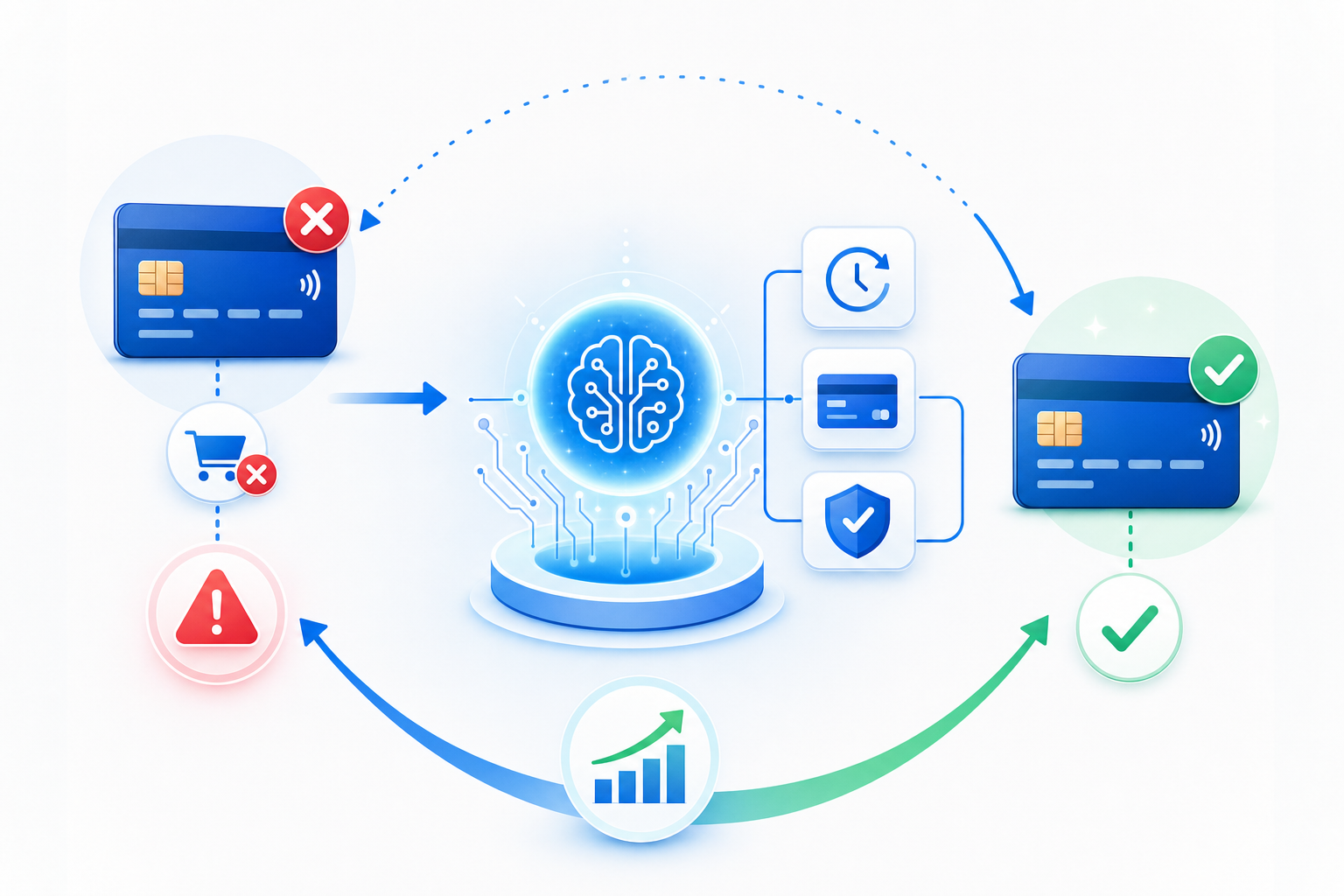 A modern, clean illustration showing an automated payment recovery workflow for subscription e-commerce. Visualize a cycle with credit cards, declined payment symbols (red X marks), smart retry logic represented by AI nodes or circuit patterns, and successful recovery shown with green checkmarks. Use a professional blue and green color scheme with subtle gradients. The composition should show the flow from failed payment detection through intelligent retry to successful recovery, with connecting arrows showing the automated process. Minimalist, tech-forward style without any text or labels.