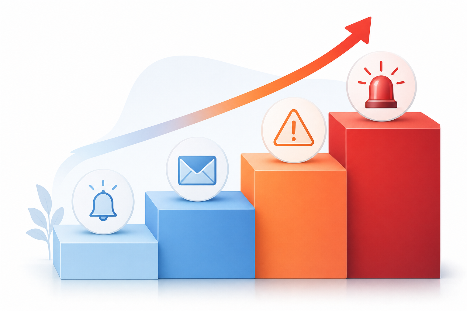 A clean, professional illustration showing four ascending steps or stages in a dunning process, depicted as an upward staircase or escalation ladder. Each step represents increasing urgency, visualized through color intensity from soft blue to deep red, or through visual metaphors like gentle reminder icons progressing to warning symbols. Modern, minimalist business illustration style with smooth gradients and professional iconography. No text or letters.