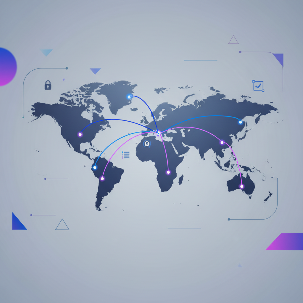 A modern digital illustration showing a global network of payment connections across continents, with glowing lines connecting different regions on a stylized world map, representing international money transfers and cross-border transactions. Use a tech-forward color palette with blues and purples, showing data flow and connectivity between countries. Abstract, clean design with a financial technology aesthetic.