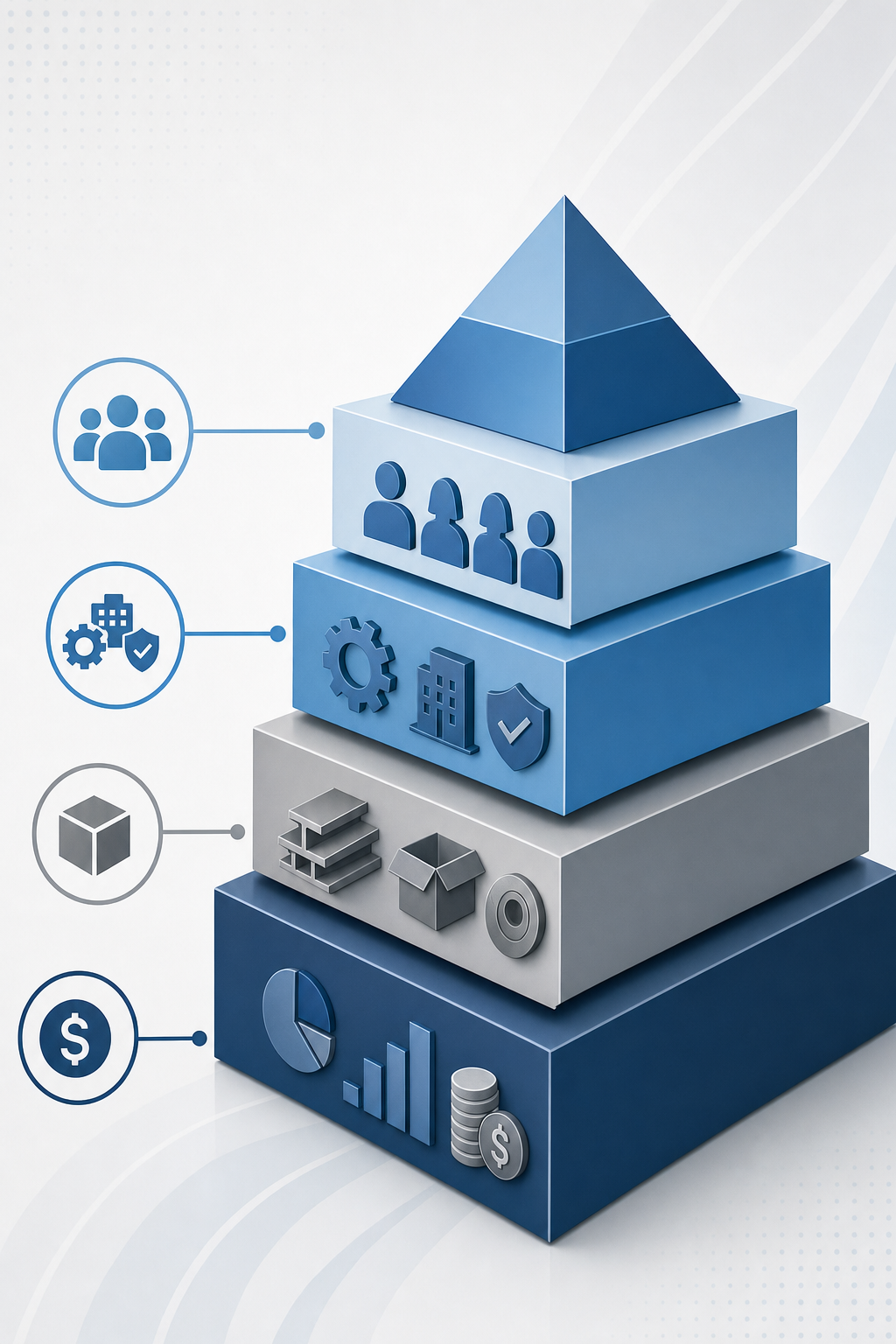 A professional business diagram showing the components of a federal government cost proposal structure. Visual elements include stacked layers or building blocks representing direct labor, indirect costs, materials, and fee structures. Clean, corporate style with blue and gray tones. Modern infographic aesthetic showing cost breakdown hierarchy. No text, words, or letters.