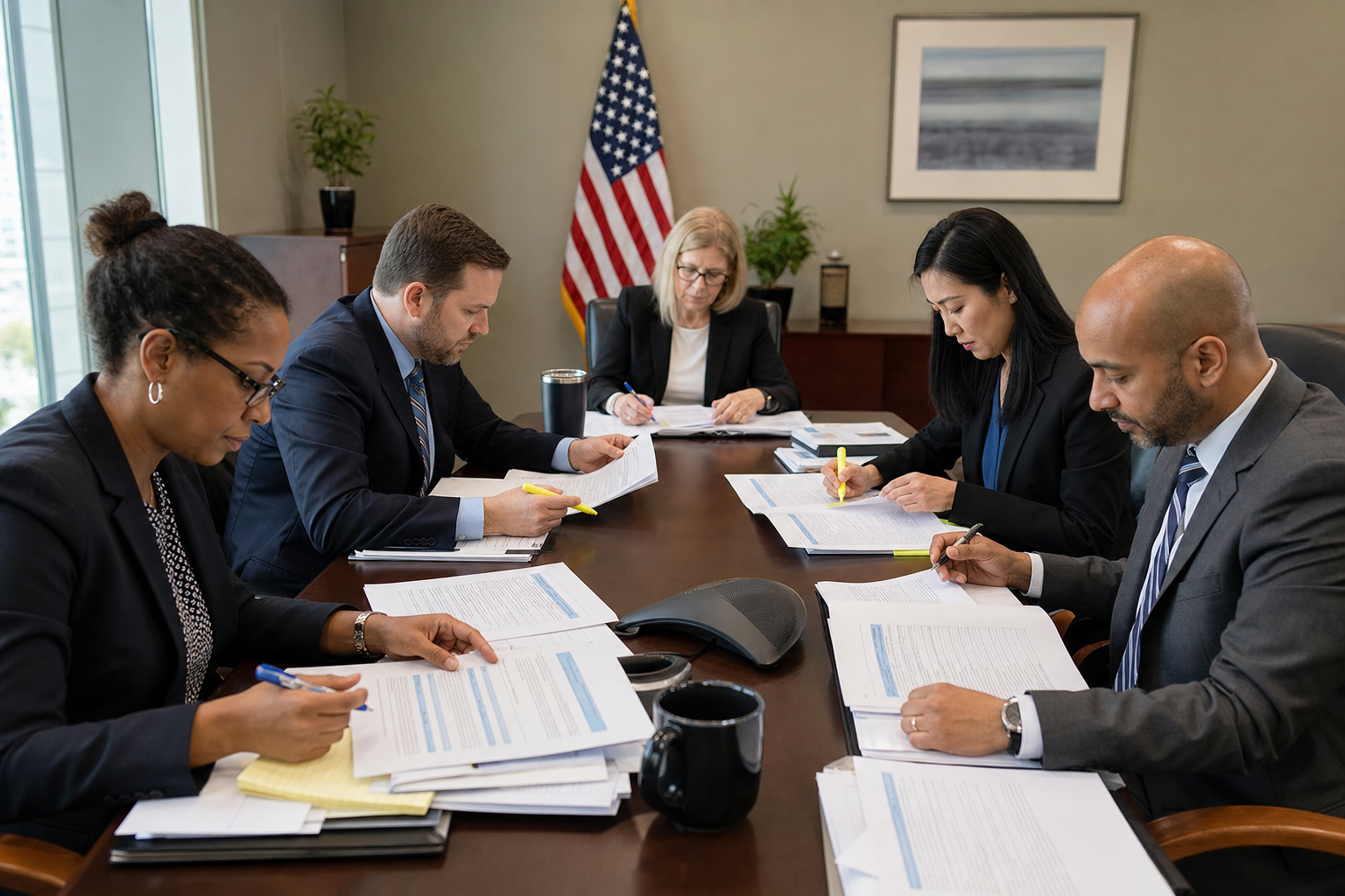 Professional business scene showing diverse team of reviewers sitting around a conference table examining printed proposal documents with highlighters and scoring sheets, serious focused expressions, government office setting with American flag visible in background, realistic corporate photography style, natural lighting