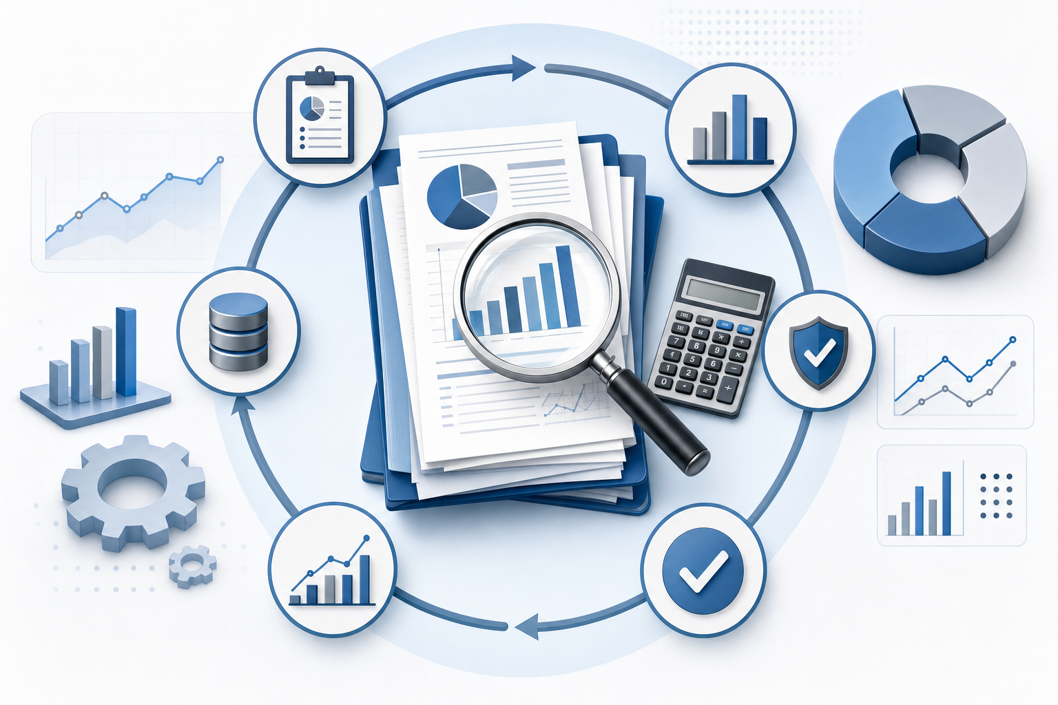 A professional business diagram showing a cost evaluation and analysis process. Visual elements include a magnifying glass examining financial data, stacked documents being reviewed, comparison charts, and evaluation checkmarks. Clean corporate style with blue and gray tones. Modern infographic aesthetic depicting financial scrutiny and validation process. No text, words, or letters.