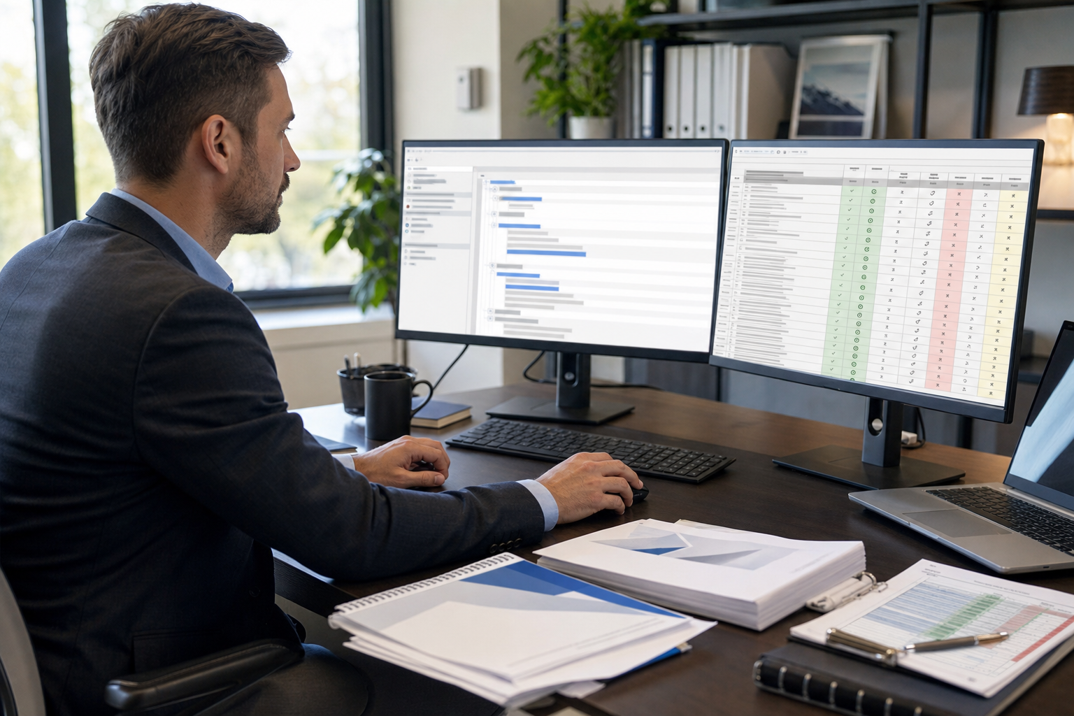 Professional business scene showing proposal team member at desk reviewing structured document outline on computer screen with compliance checklist visible, early draft stage with partial sections highlighted, organized workspace with requirement documents and matrix spreadsheet, focused concentration, modern office environment with natural lighting, realistic corporate photography style