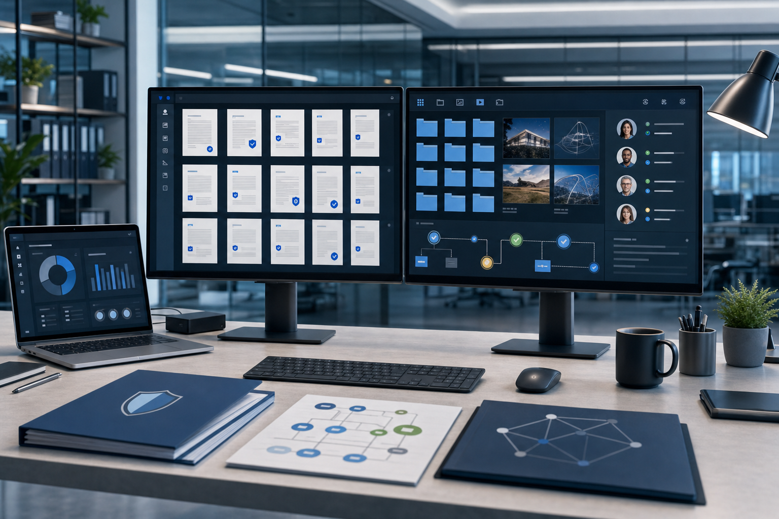 Professional workspace scene showing organized digital workflow, compliance documents arranged in structured grid pattern, content library folders, collaborative review process visualization. Modern office environment with clean organization, blue and gray tones, technical precision without any visible text or words.