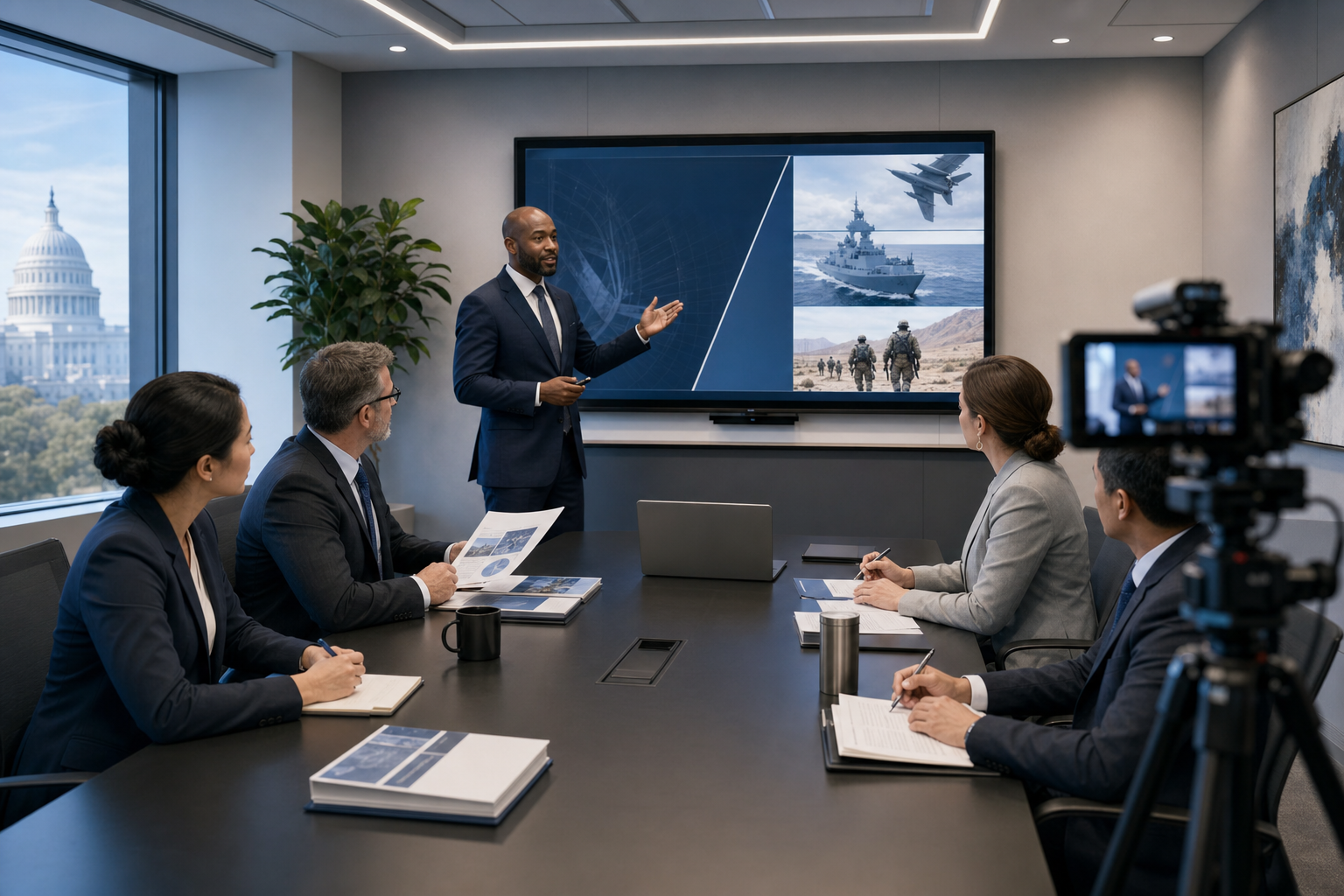 Professional business illustration showing a government contracting proposal team rehearsing an oral presentation, featuring diverse professionals in business attire in a modern conference room setting, one person presenting at a screen while others review documents and take notes, with a camera or recording device visible suggesting they are recording the rehearsal, clean modern office environment with blue and gray tones, realistic but slightly stylized illustration style, no text or letters