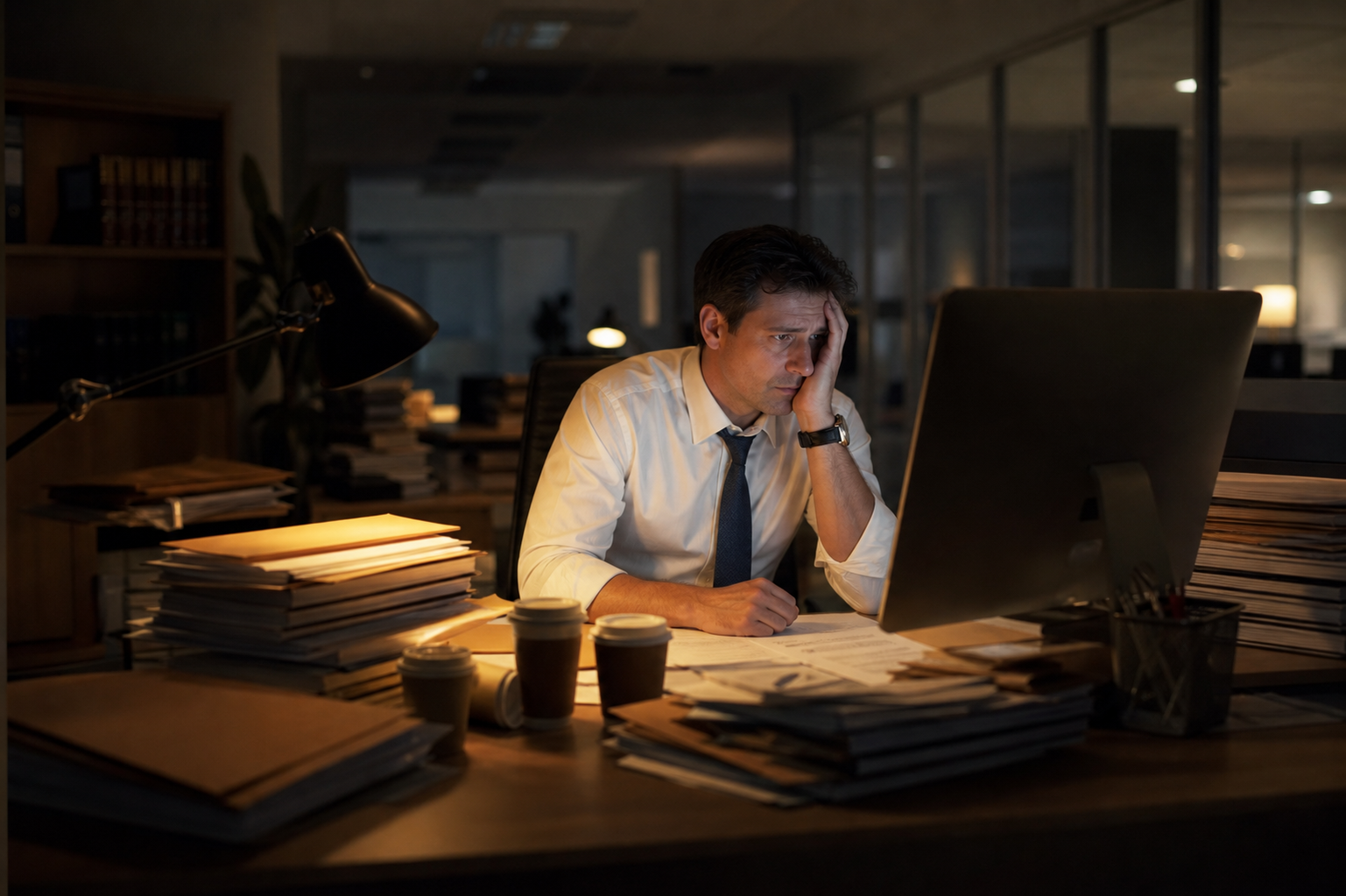 A tired attorney sitting alone at a desk in a dimly lit law office late in the evening, staring at a computer screen showing a blank timesheet, surrounded by scattered case files and coffee cups, warm desk lamp glow, empty office in the background, cinematic and realistic, conveying the end-of-day struggle to reconstruct billable hours from memory. No text, no words, no letters.