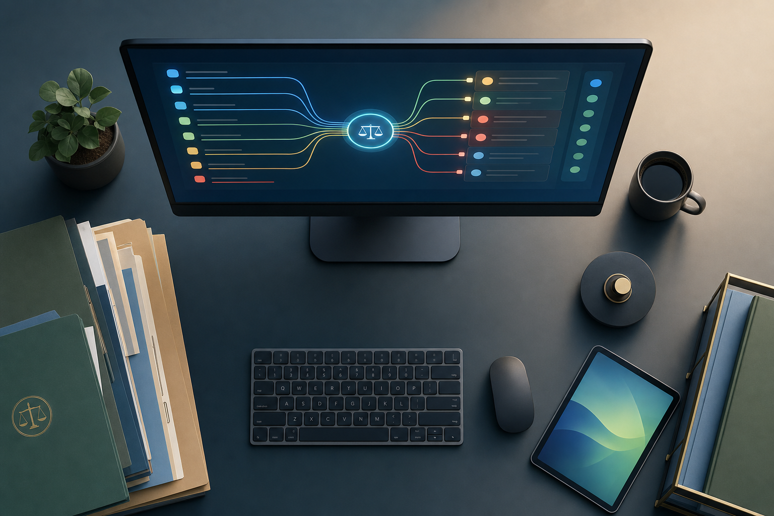 A top-down view of a modern law office workstation with a large monitor displaying a structured dashboard interface showing organized case timelines, routing icons, and color-coded notification categories. On the desk are neatly stacked legal folders, a coffee mug, and a tablet. The scene conveys calm, organized automation at scale — multiple case streams flowing into a single organized system. Clean professional lighting, muted blues and greens, no clutter. No text, words, labels, or letters anywhere in the image.