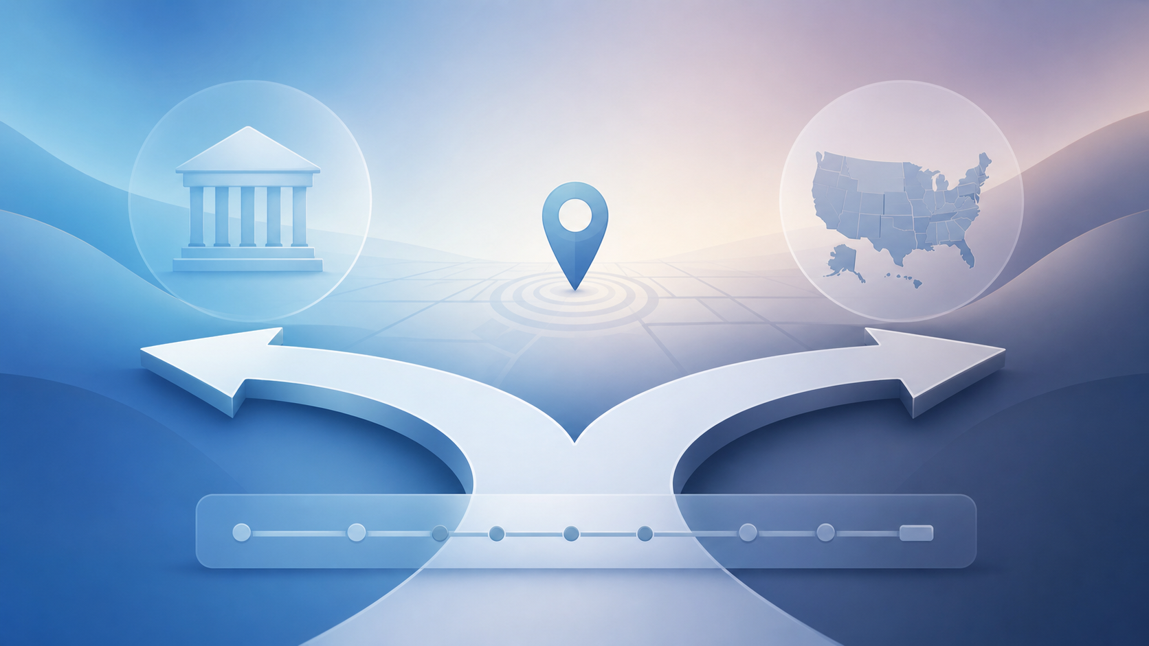 A clean, modern flat-illustration concept visualizing a decision fork in bankruptcy exemption law: a stylized branching path or splitting arrow dividing into two routes, one representing a federal option and one representing a state option. Include a subtle map/domicile motif with a location pin, and a small calendar-day timeline element suggesting a residency lookback period. Professional legal-tech aesthetic, muted blue and slate color palette, soft shadows, minimalist vector style. No text, no words, no letters, no numbers.