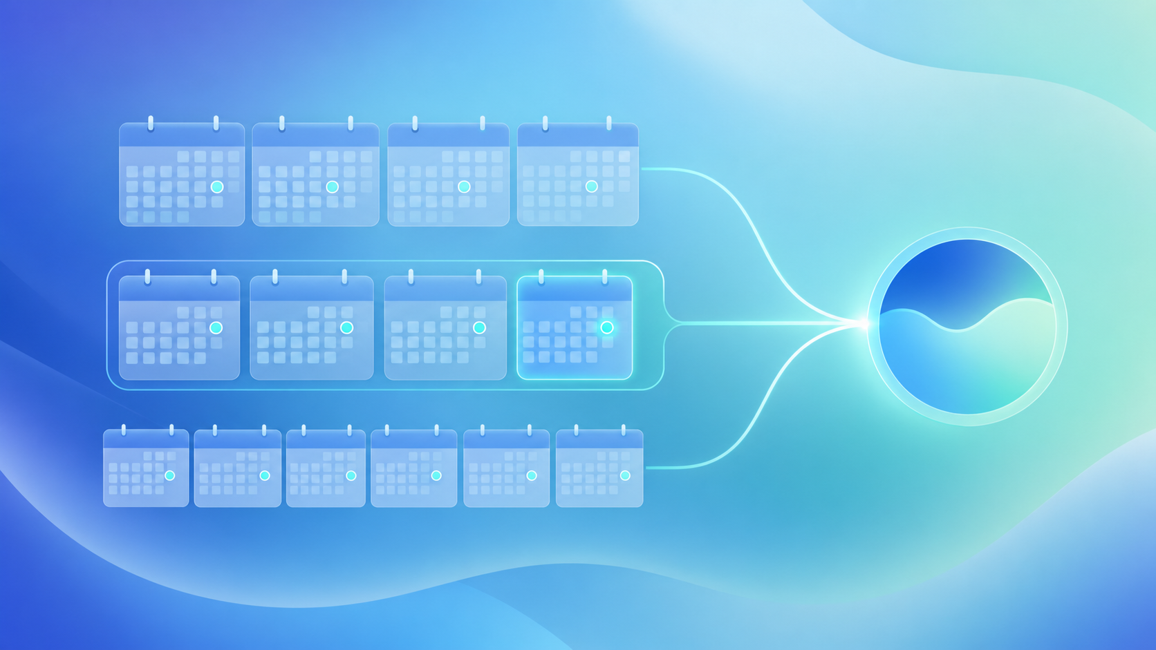 A clean, modern flat-illustration style graphic visualizing the concept of converting different pay frequencies into a single monthly income figure. Show abstract stylized calendar grids representing weekly, bi-weekly, and semi-monthly pay cycles, with small highlighted markers indicating pay dates. One bi-weekly calendar subtly highlights an extra thirteenth payment landing inside a bounded six-month window. Arrows or flowing connector lines converge from the multiple calendars into a single unified circular summary node on the right, suggesting averaging and calculation. Cool blue and teal color palette with soft gradients, minimal professional legal-tech aesthetic. Absolutely no text, words, numbers, letters, or symbols anywhere in the image.
