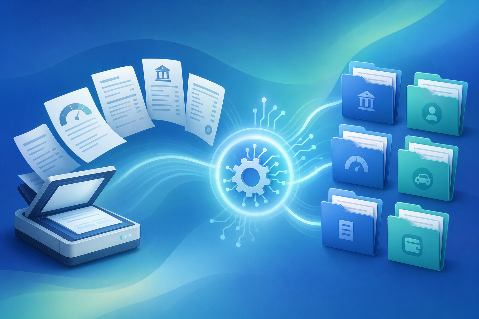 A clean, modern flat-style illustration showing an automated document processing pipeline in a legal office context. Various financial and legal documents (credit reports, pay stubs, bank statements, vehicle titles) flow from a scanning stage into a central digital processing hub represented by an abstract circuit-and-gear icon, then out into organized, sorted digital folders. Use a professional blue and teal color palette with soft gradients, subtle depth, no people, no readable text, no words, no letters, no numbers. Emphasize the idea of classification and sorting of paperwork into structured data buckets.