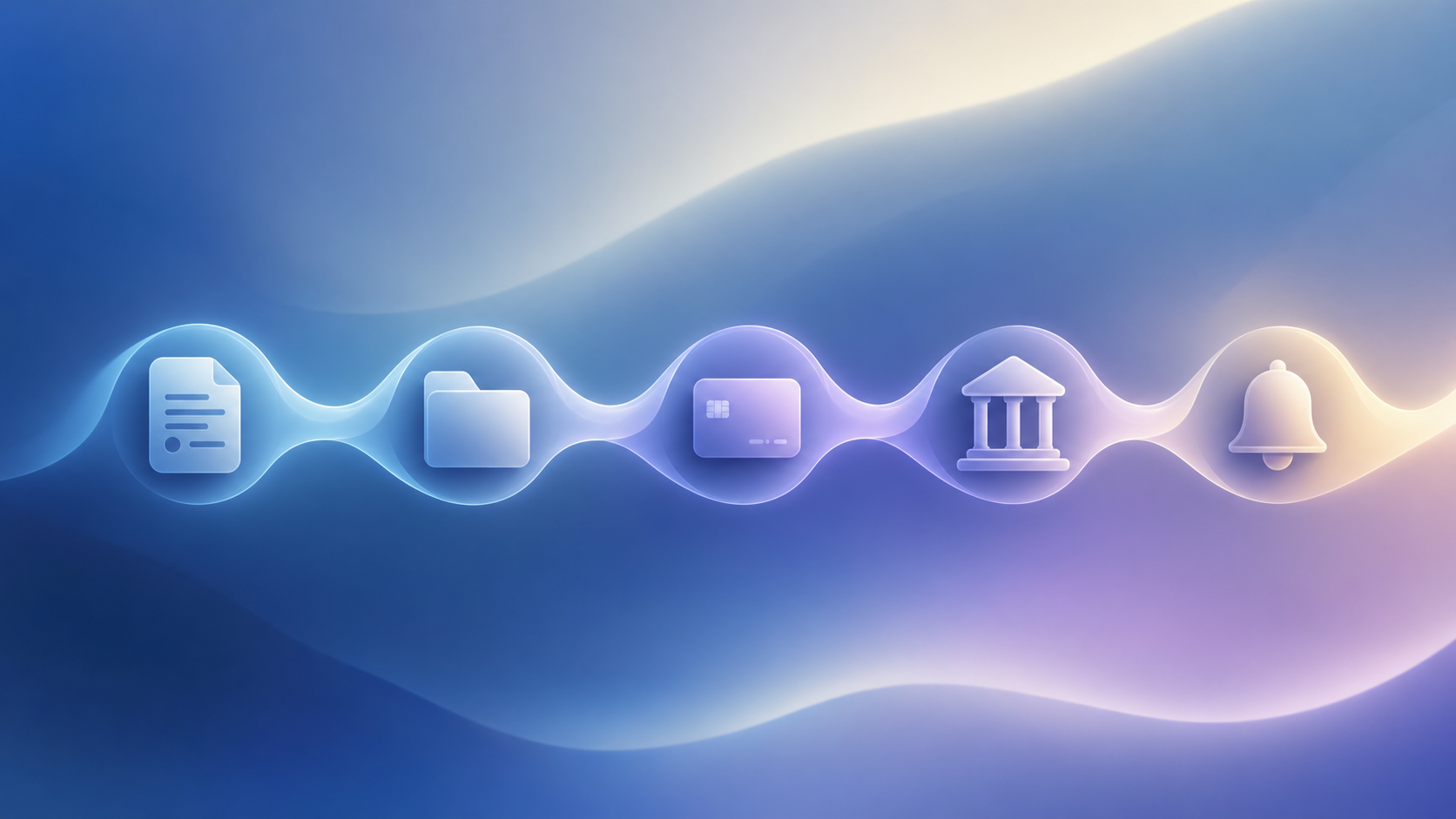 A clean, modern conceptual illustration of a unified end-to-end legal case pipeline. Show a single continuous flowing path or conveyor connecting several stages represented by abstract icons: an intake form, a document folder, a payment card, a court building, and a notification bell, all linked seamlessly in one unbroken line. Convey automation and smooth handoff with no gaps. Use a professional, muted blue and slate color palette with soft lighting. Flat vector style, no text, no words, no letters, no numbers.
