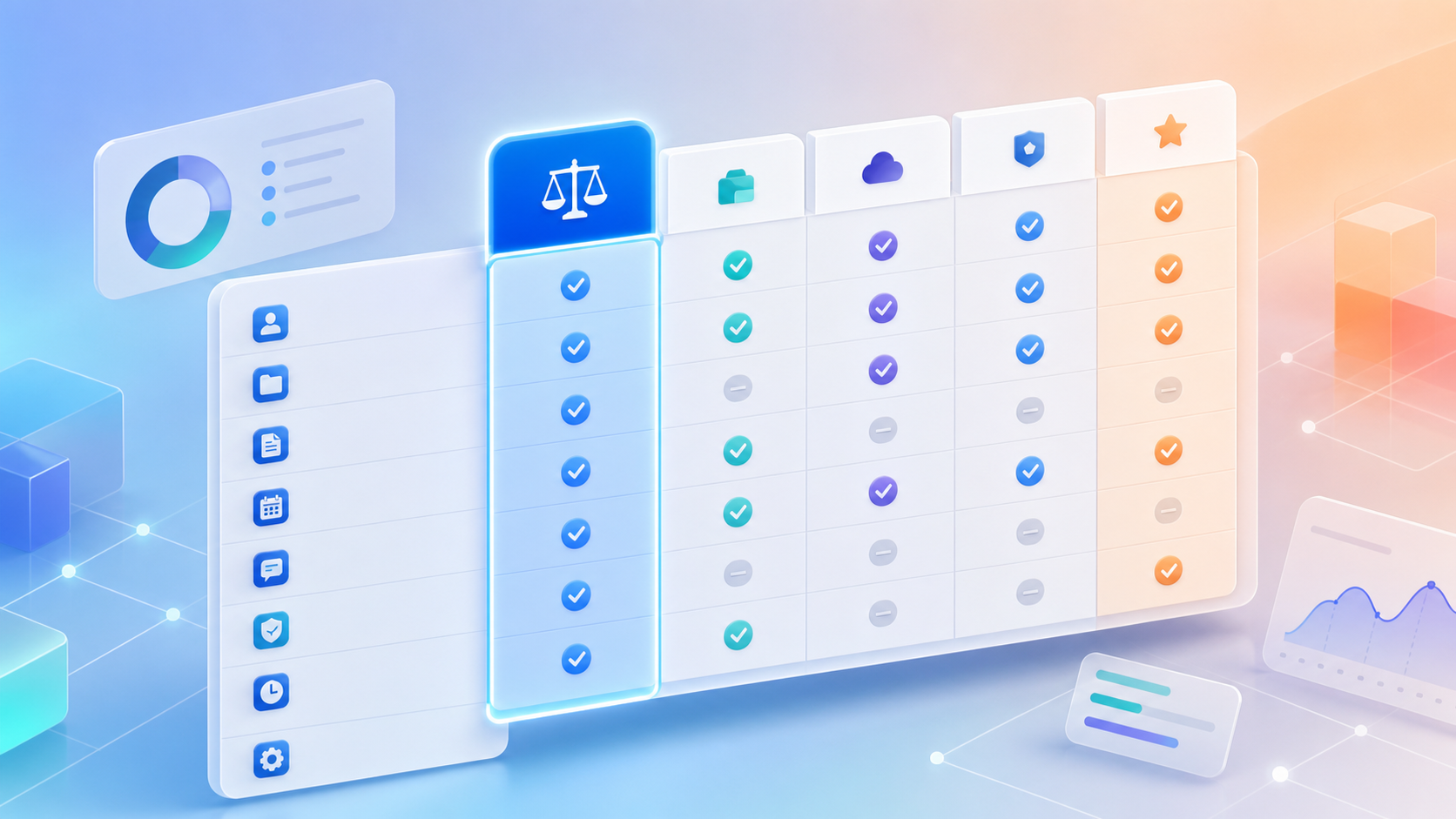 A clean, modern flat-illustration concept showing a side-by-side comparison grid or matrix of software tools for a law firm. Represent evaluating multiple legal software products across capabilities: rows of checkmark and dash indicator shapes, a highlighted standout column, abstract dashboard cards, and simple tool icons arranged in a comparison layout. Use a professional palette of blues, teals, and soft neutrals, subtle grid lines and nodes, isometric style. No text, no words, no letters, no numbers.