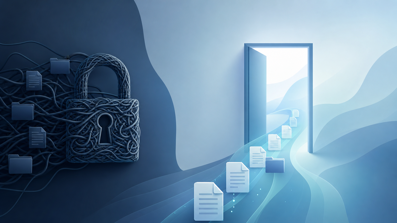 A clean, professional conceptual illustration representing vendor lock-in and data portability for legal software. Show a stylized locked padlock formed by tangled proprietary data cables on one side, contrasted with an open doorway on the other side where organized document icons flow freely along a clear path, symbolizing data export and a clear exit. Modern flat vector style, muted blue and slate color palette, soft lighting, no people. Purely visual, no text or letters anywhere.