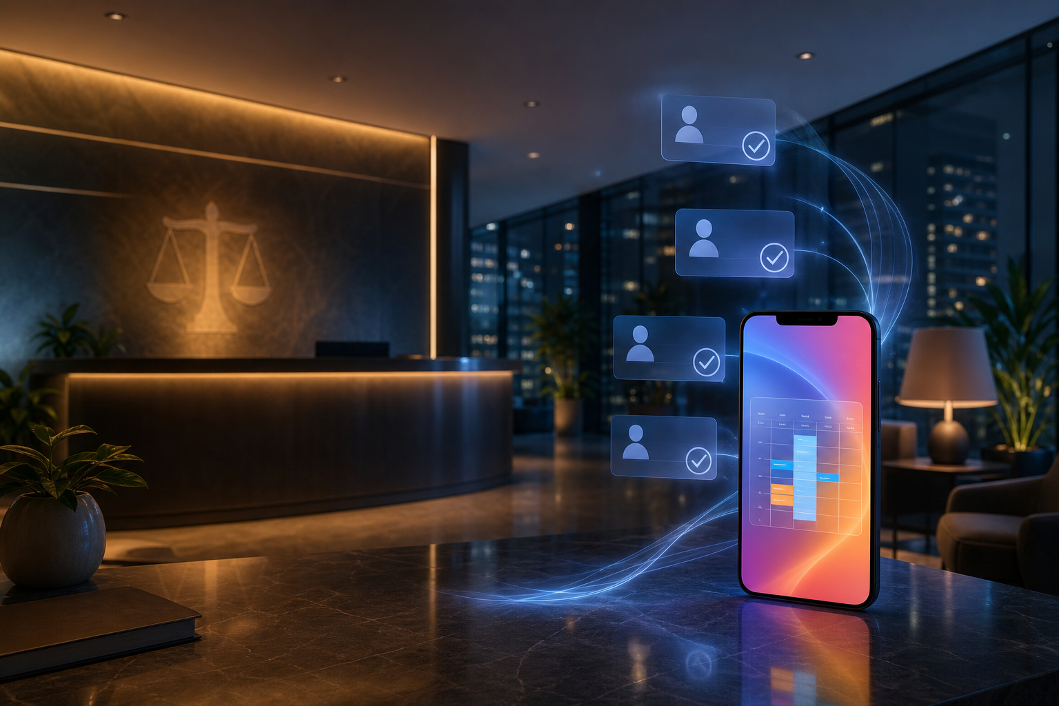 A modern law firm reception area at night with a glowing smartphone screen showing an automated appointment scheduling interface, calendar slots being filled automatically, digital notifications floating in the air, professional legal office environment with dark ambient lighting and blue accent lighting suggesting after-hours automation, photorealistic style