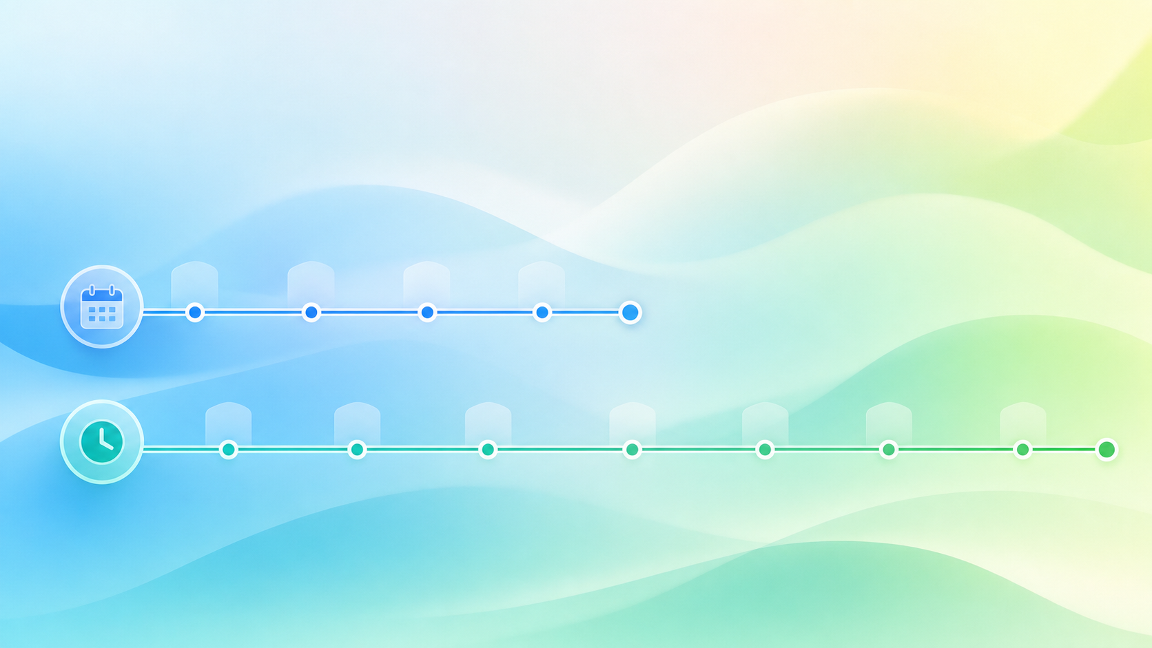 Two parallel horizontal timelines side by side, one shorter representing 36 months and one longer representing 60 months, with clean milestone markers along each timeline, soft blue and green color palette, minimalist flat design, calendar pages or clock icons subtly integrated, professional financial planning aesthetic, no text or labels anywhere