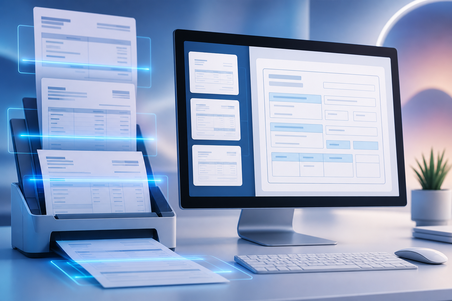 A sleek digital workspace showing automated document processing: multiple financial documents including pay stubs and bank statements being scanned by glowing blue AI scanning lines, with structured data fields and form outlines appearing on a modern computer screen beside them, clean professional office environment, soft blue and white color palette, futuristic yet practical aesthetic, no clutter