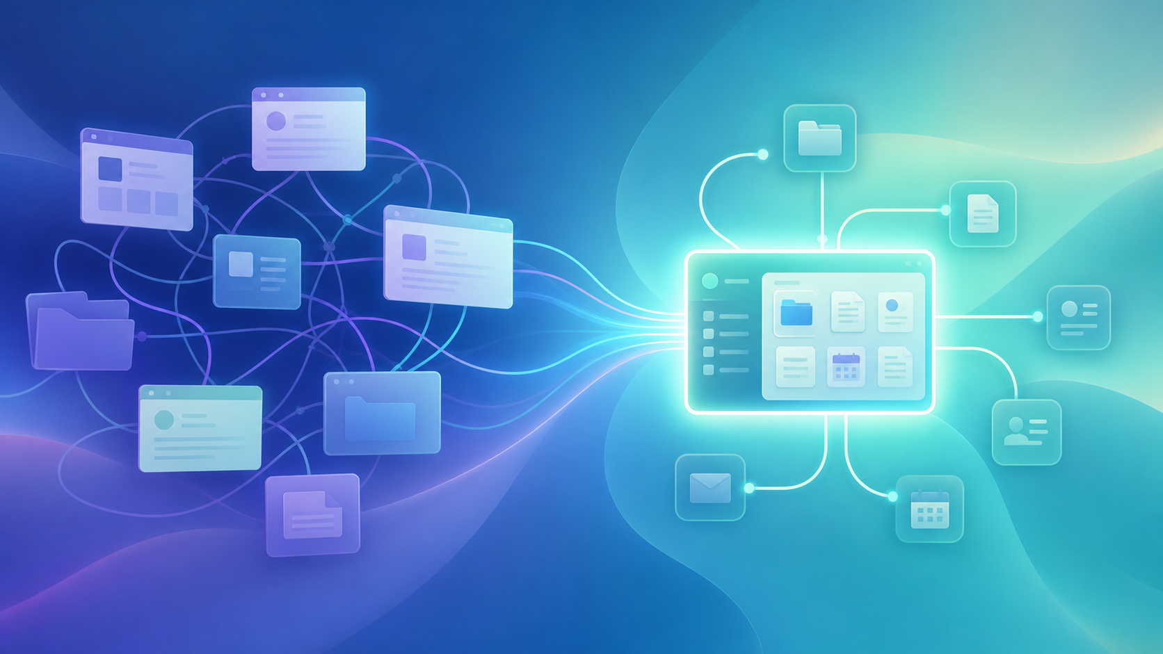 A clean, modern conceptual illustration showing the contrast between fragmentation and consolidation in a law office workflow. On one side, several disconnected floating panels or software windows scattered chaotically, connected by tangled crossing lines, representing separate disconnected systems. On the other side, those panels merge into a single unified glowing workspace hub with neat organized connections flowing outward. Professional blue and teal color palette, soft gradients, minimalist flat-design vector style, no people, abstract representation of software tools and case files as simple geometric card shapes and folder icons. Bright, airy, corporate SaaS aesthetic.