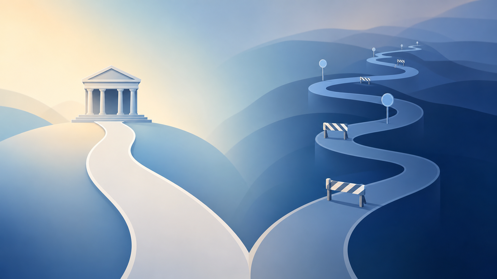 A split-screen illustration contrasting two legal paths: on the left, a short streamlined road with a courthouse at the end representing a quick resolution, on the right, a longer winding road with multiple milestones and checkpoints stretching into the distance, representing an extended multi-year journey. Both paths begin from the same starting point. Clean, professional flat design style with muted blue and gray tones, no text or labels anywhere in the image.