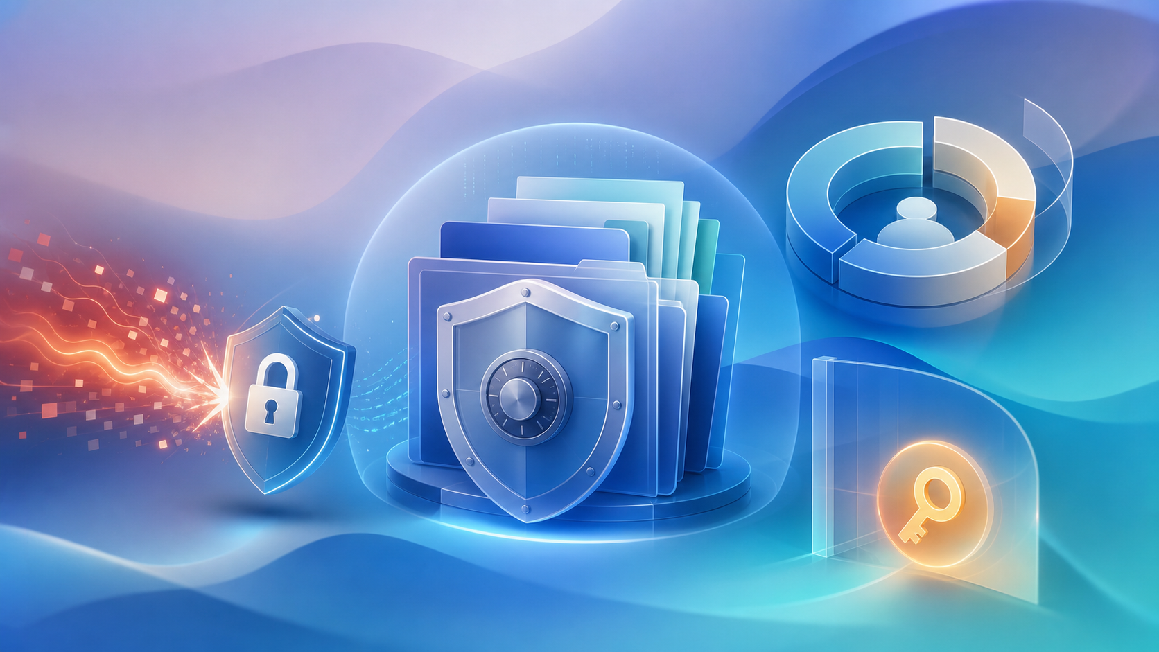 A clean, modern conceptual illustration representing data security and access control for sensitive legal case files. Show a central secure vault or shield protecting layered digital case files and folders, surrounded by three abstract risk elements: a shielded padlock deflecting an incoming malicious data stream (prompt injection), a segmented permission ring showing scoped access layers, and a glowing key token secured behind a barrier. Minimalist flat design, soft blue and teal palette with subtle warning-amber accents, professional and trustworthy tone, no people, no readable text, words, letters, or numbers anywhere in the image.